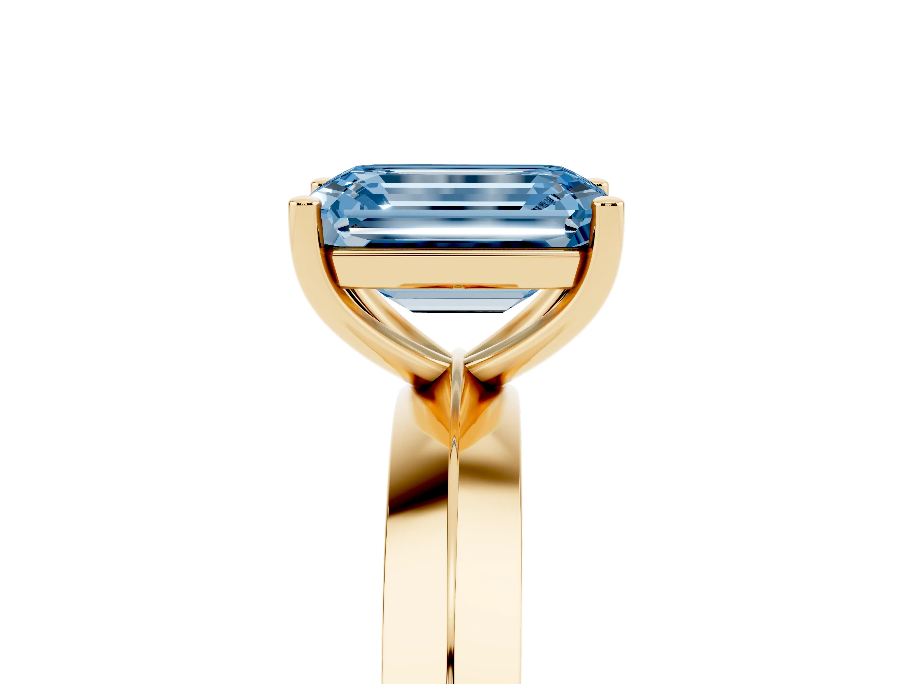 Fancy Blue Emerald Cut Diamond Solitaire Engagement Ring Set in Yellow gold with Flat Band and Prong Setting