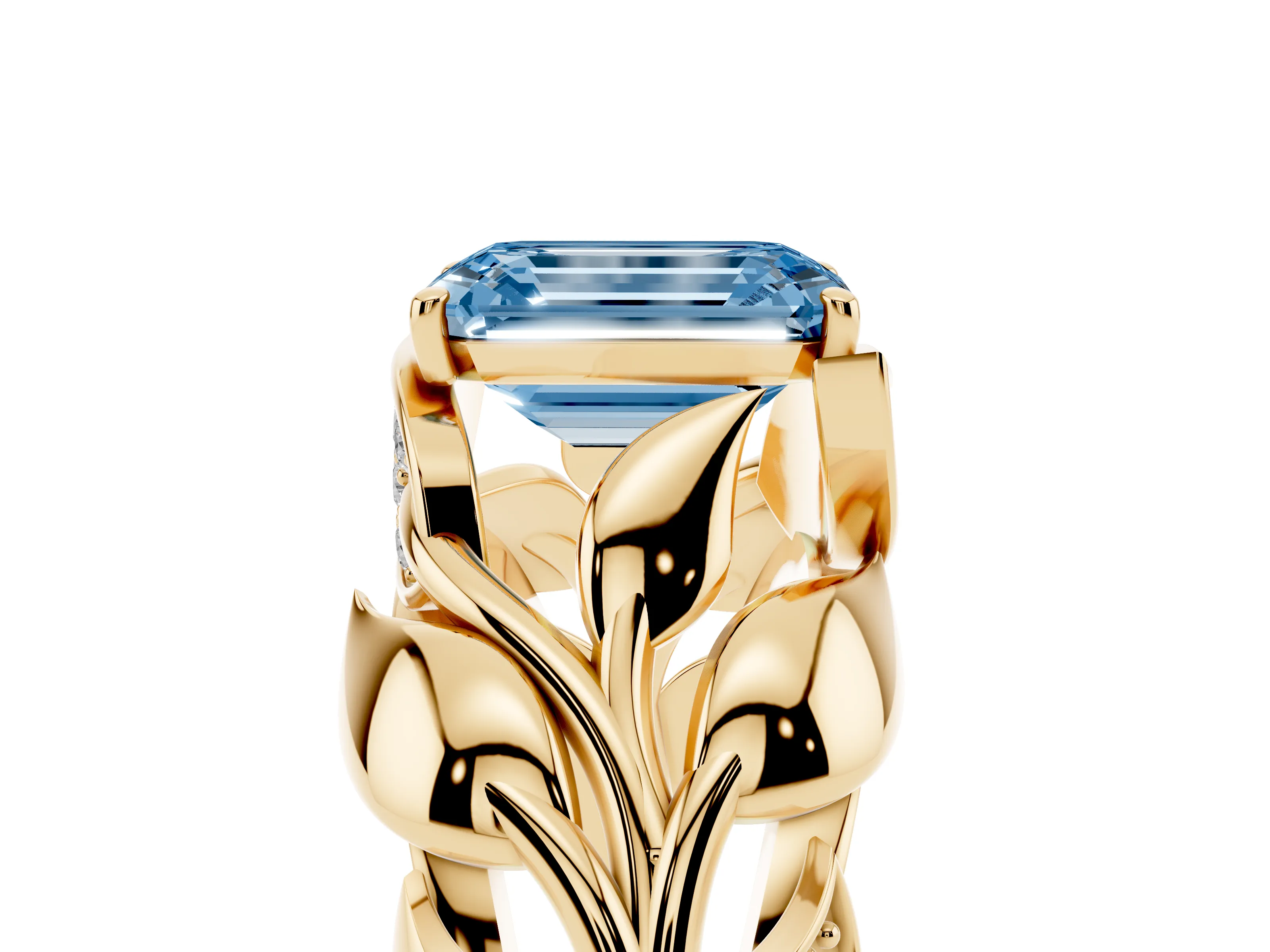Fancy Blue Emerald Cut Diamond Leaf-Inspired Engagement Ring Set in Yellow gold with Round Accents