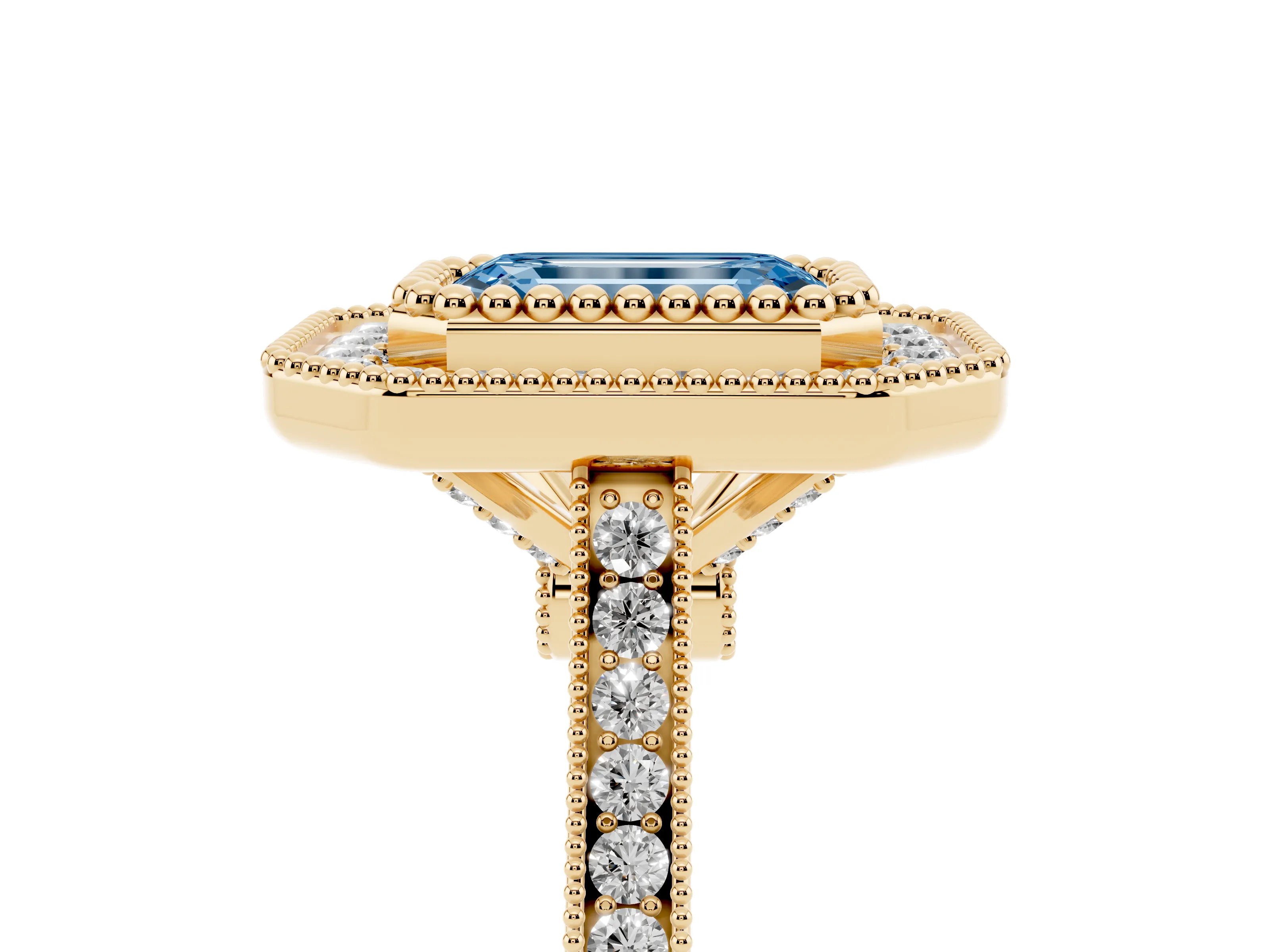 Fancy Blue Emerald Cut Diamond Halo Ring Set in Yellow gold with Milgrain Frame and Pavé Band