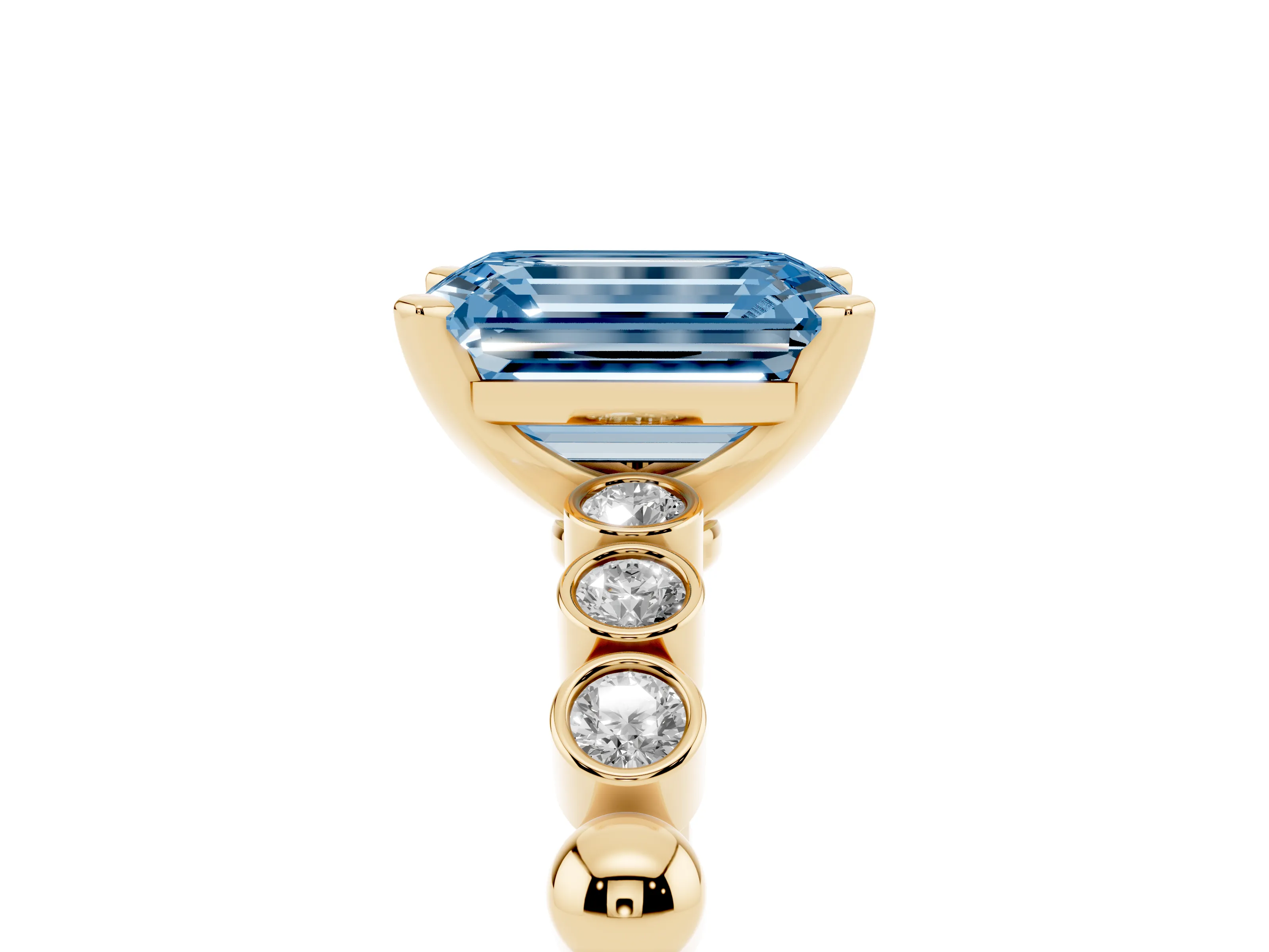 Fancy Blue Emerald Cut Diamond Solitaire Engagement Ring Set in Yellow gold with Bezel Accents on Beaded Band