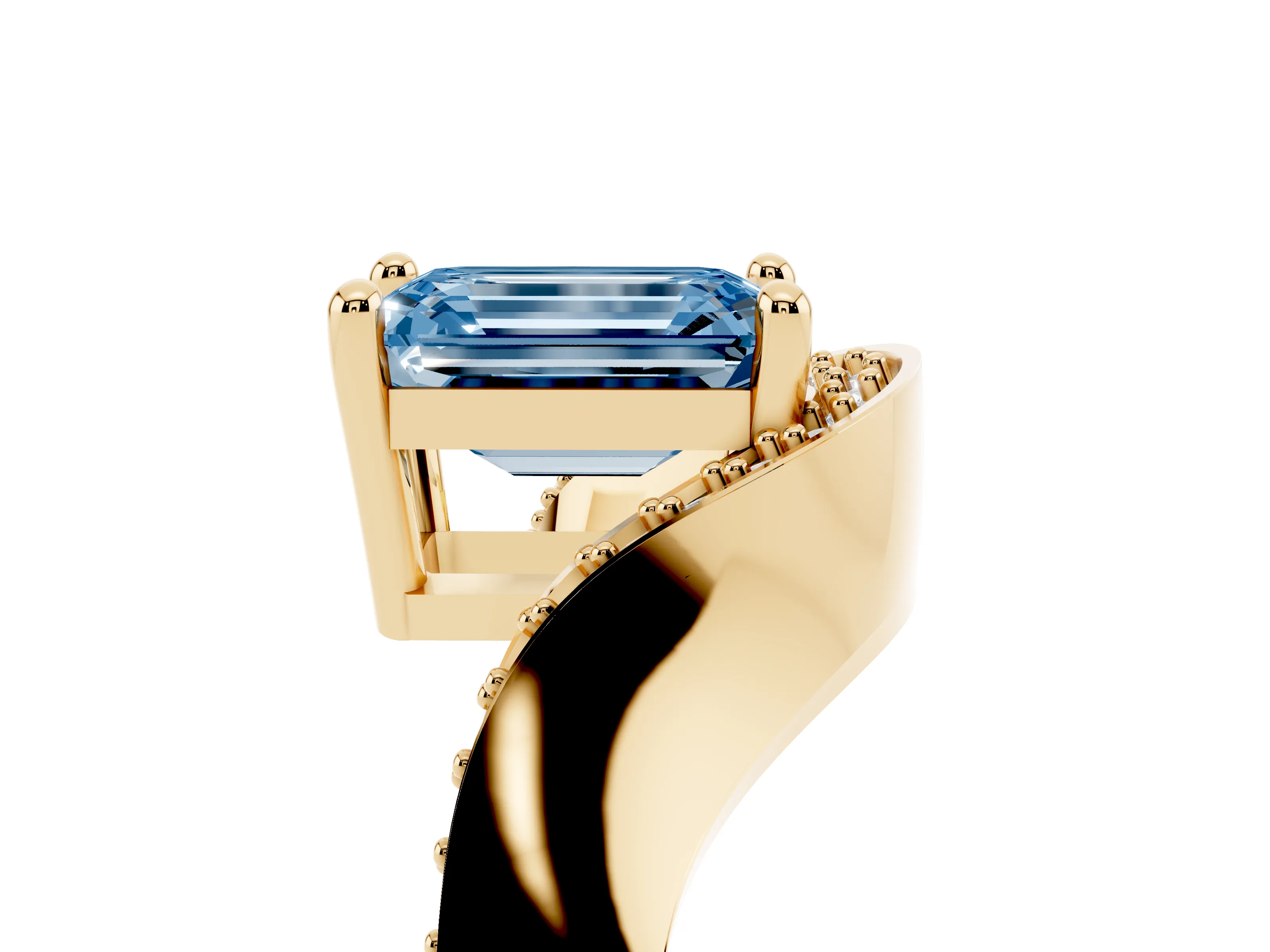 Fancy Blue Emerald Cut Diamond Solitaire Engagement Ring Set in Yellow gold with Pavé Shoulders