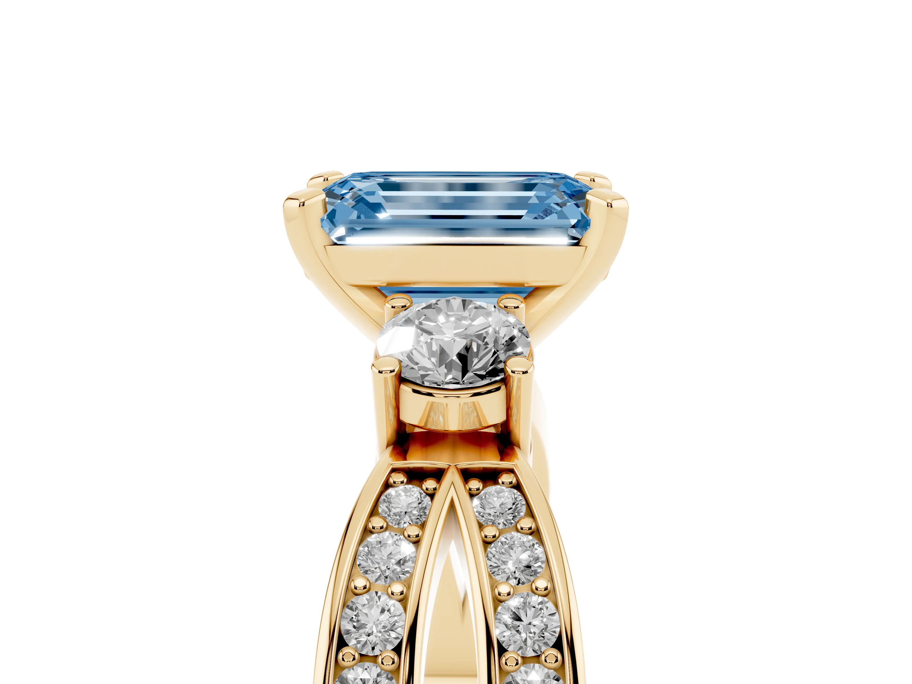 Fancy Blue Three-Stone Emerald Cut Diamond Twist Band Ring Set in Yellow gold with Pavé Accents and Prong Setting