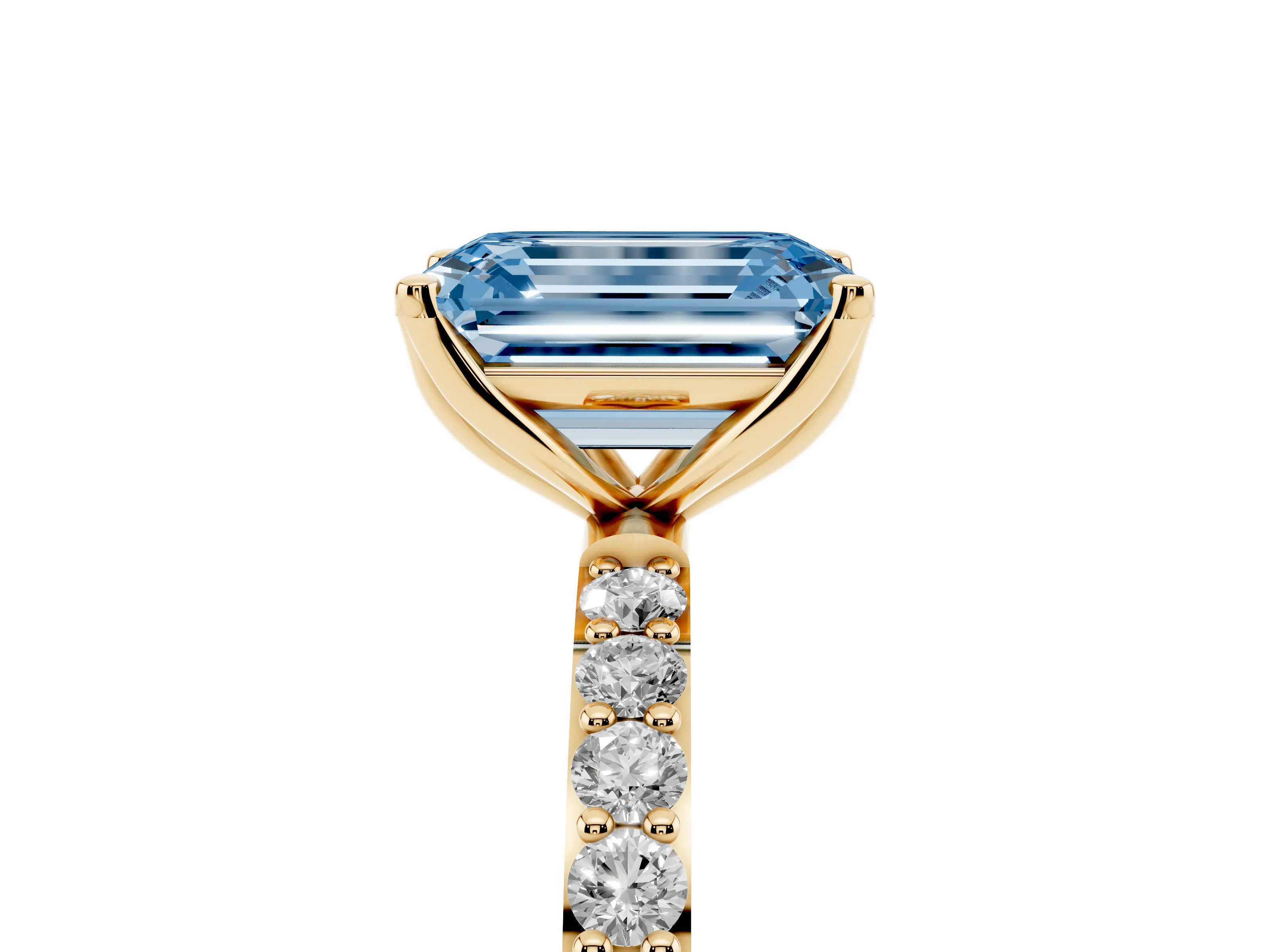 Fancy Blue Emerald Cut Diamond Solitaire Engagement Ring Set in Yellow gold with Round Pavé Band and Prong Setting