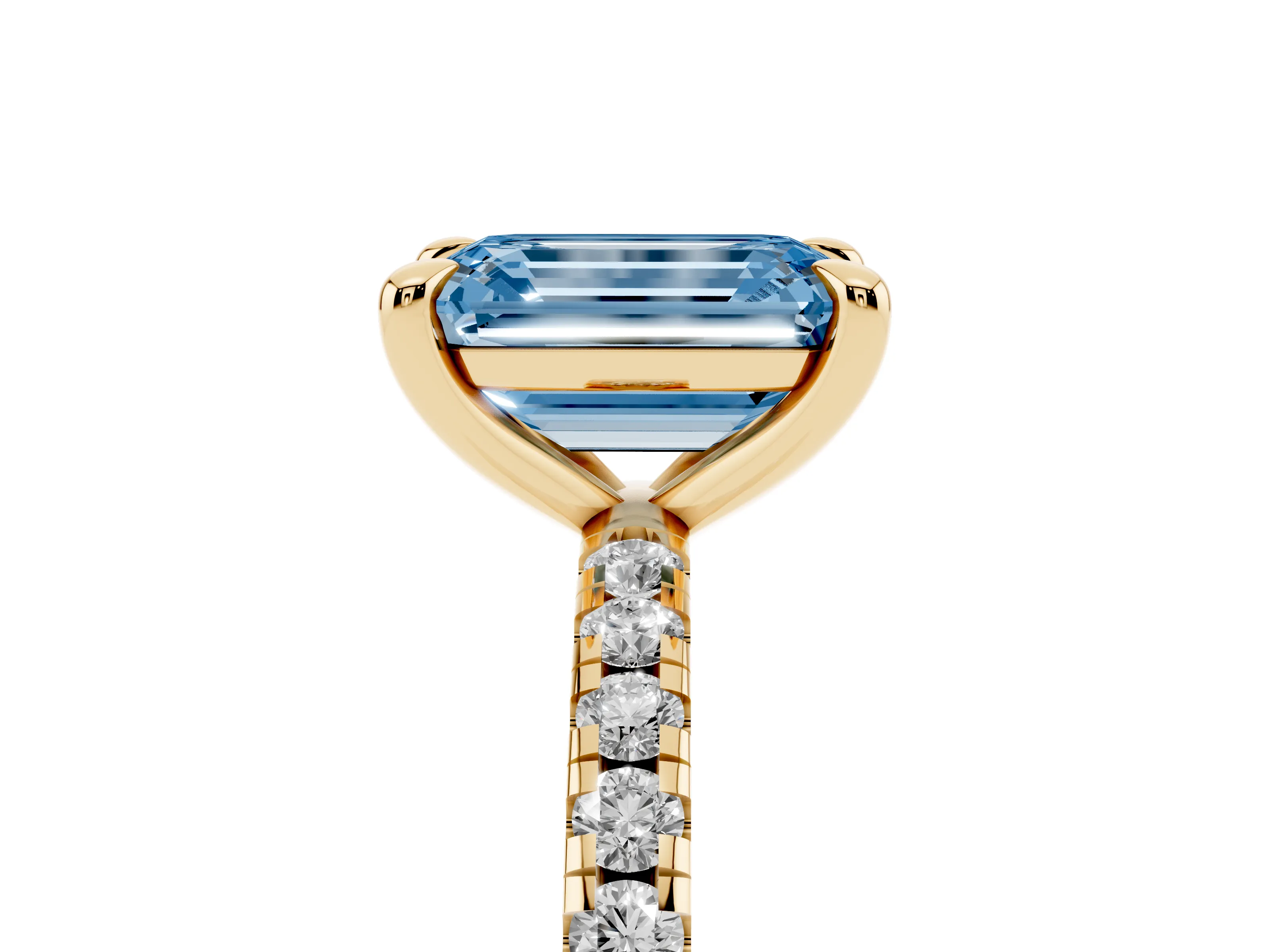 Fancy Blue Emerald Cut Diamond Brilliant Solitaire Ring Set in Yellow gold with Pavé Band and Prong Setting