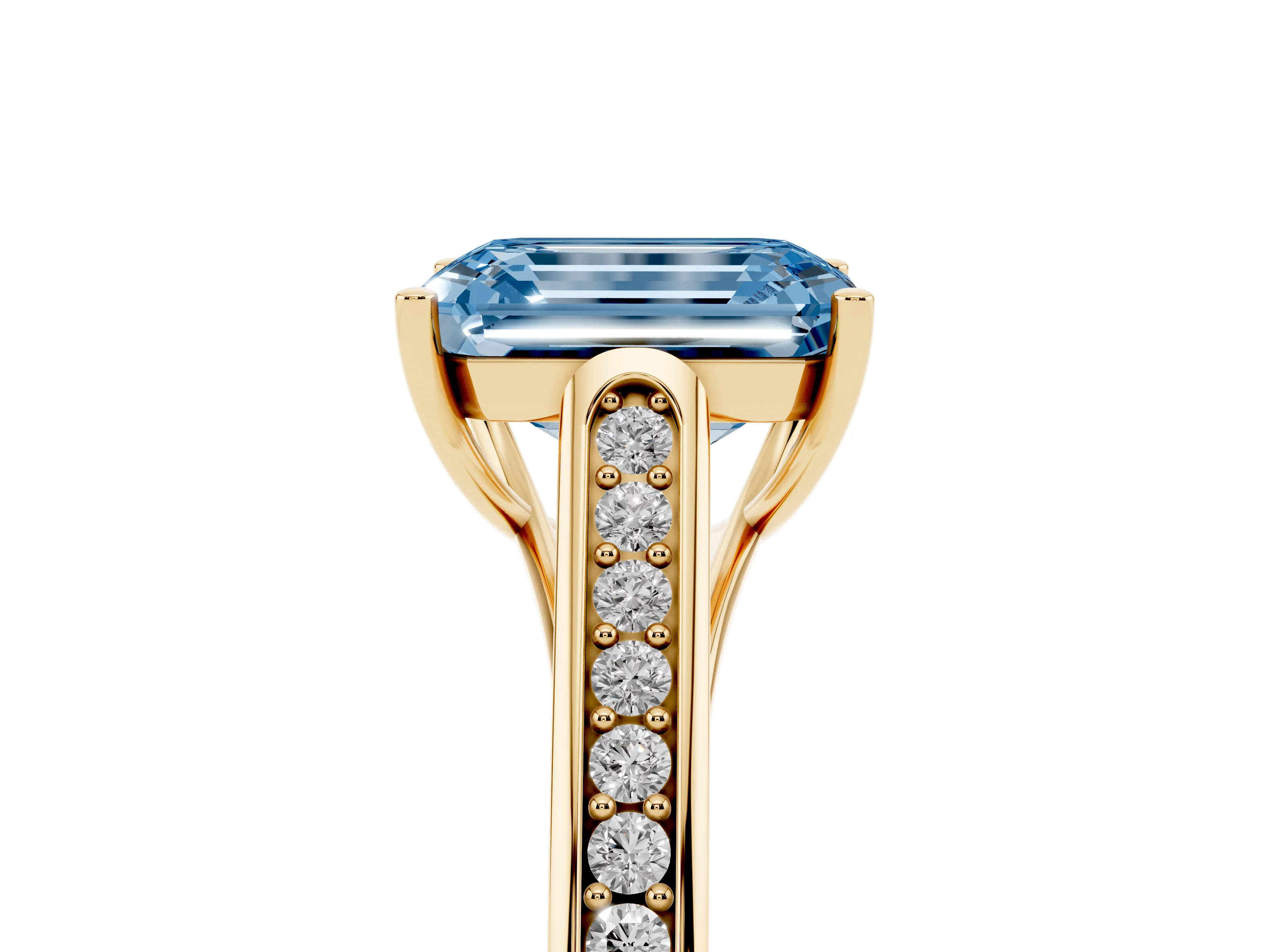 Fancy Blue Emerald Cut Diamond Solitaire Cathedral Engagement Ring Set in Yellow gold with Channel-Set Band and Prong Setting