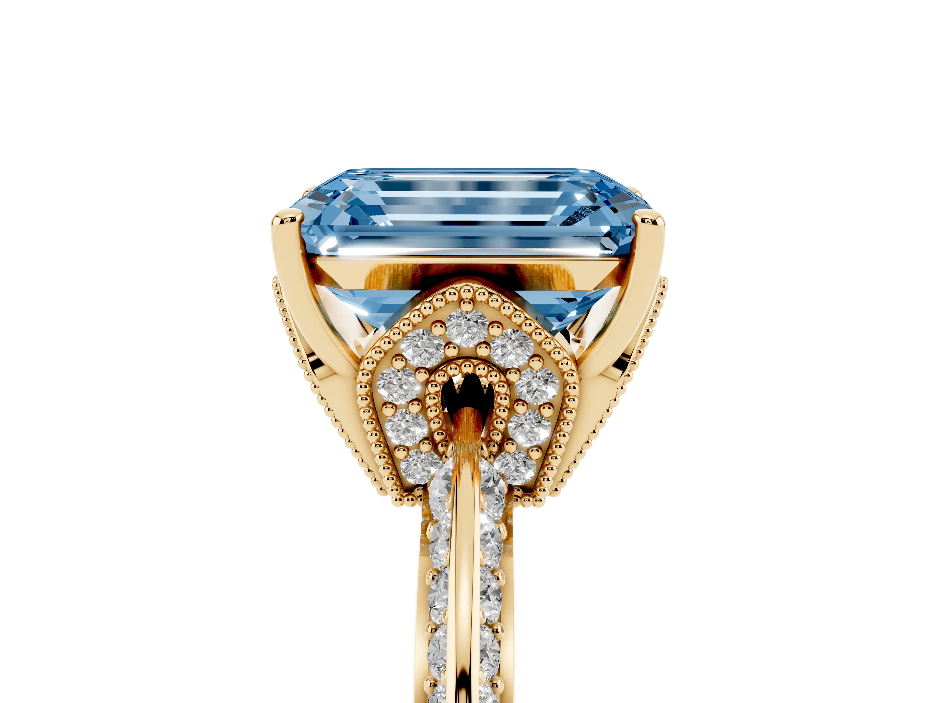 Fancy Blue Emerald Cut Diamond Solitaire Engagement Ring Set in Yellow gold with Pavé Split Shank and Prong Setting