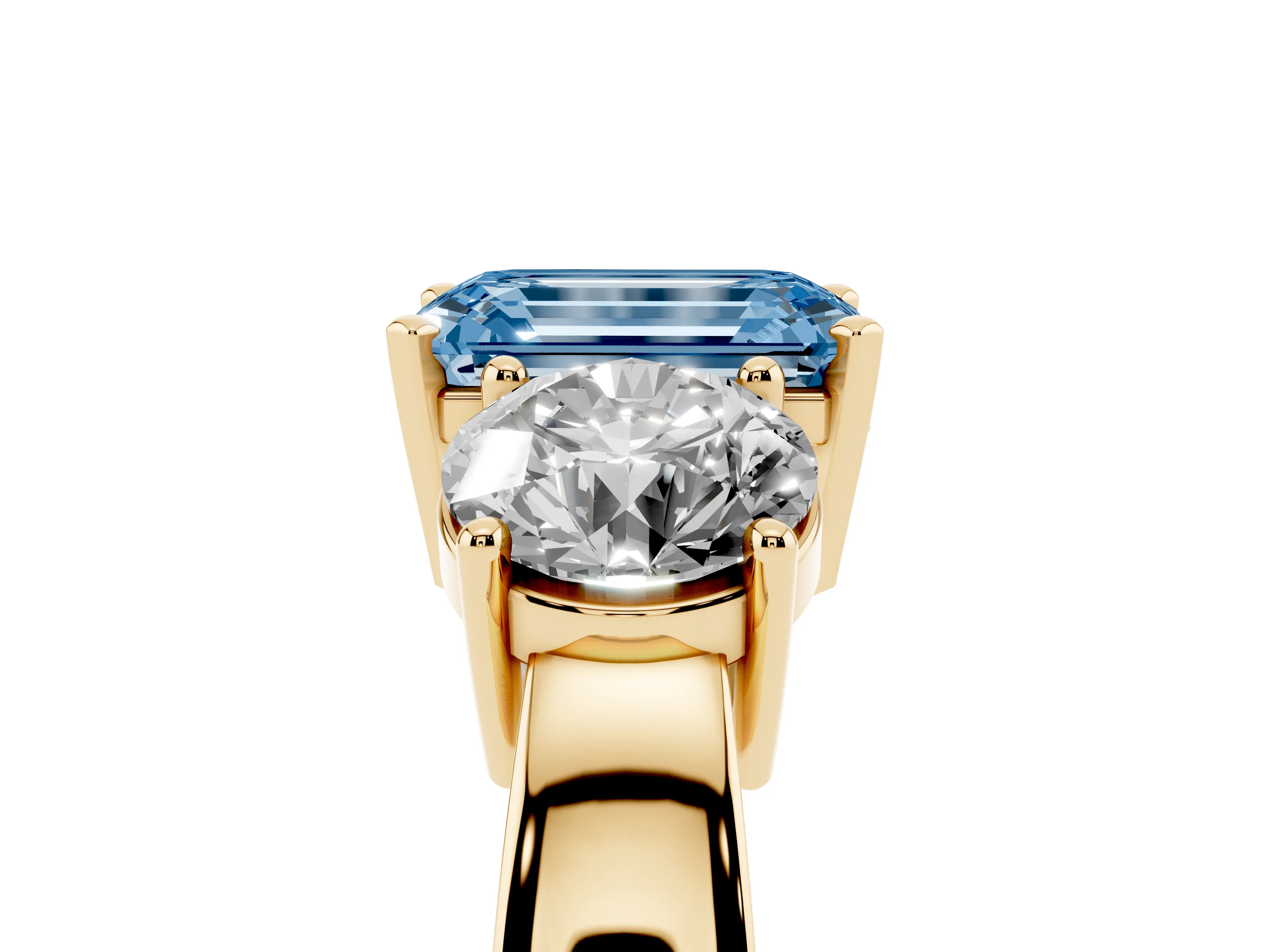 Fancy Blue Emerald Cut Diamond Three-Stone Ring Set in Yellow gold with Round Side Stones and Classic Band