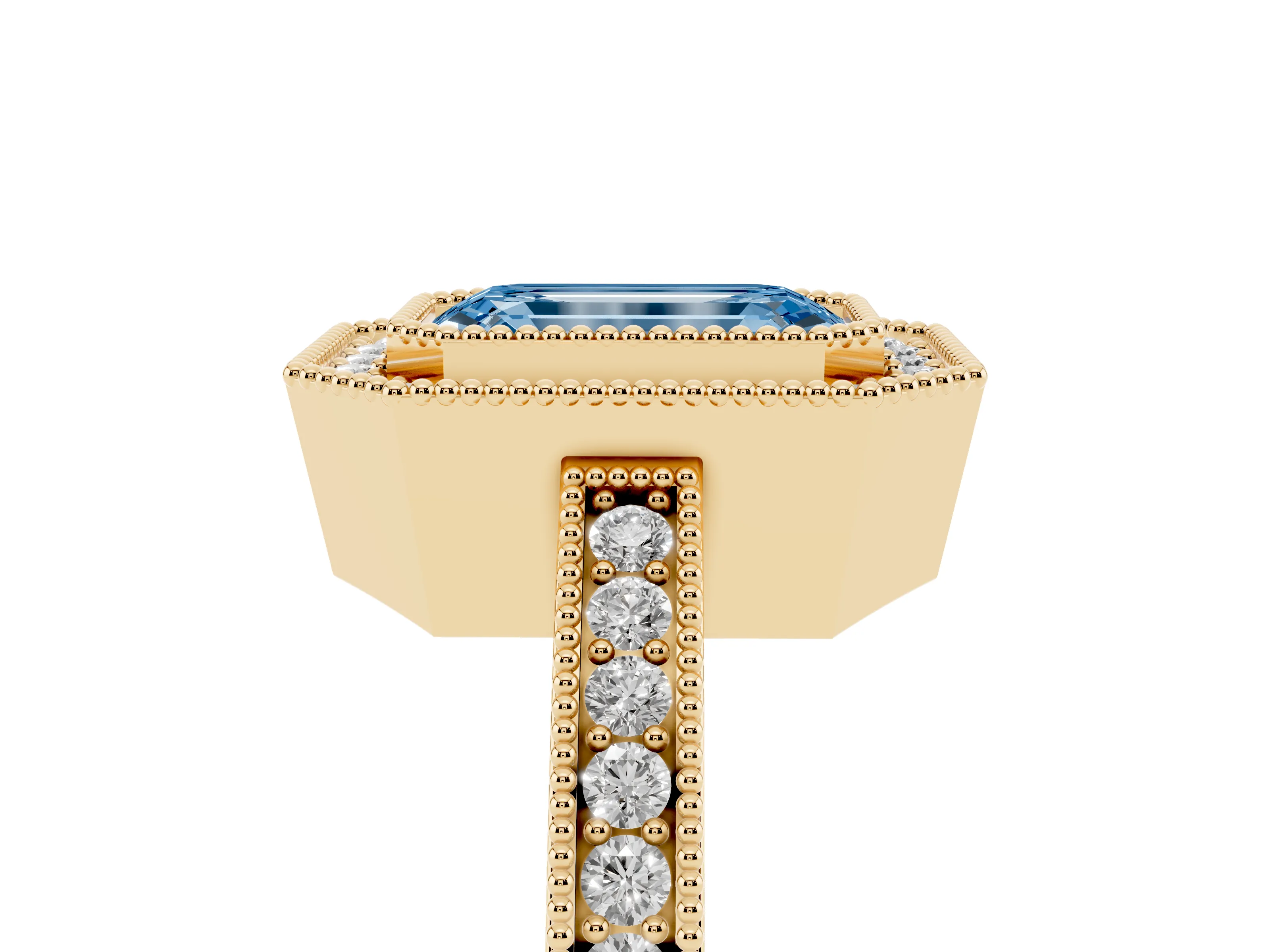 Fancy Blue Emerald Cut Diamond Round Halo Ring Set in Yellow gold with Pavé Band