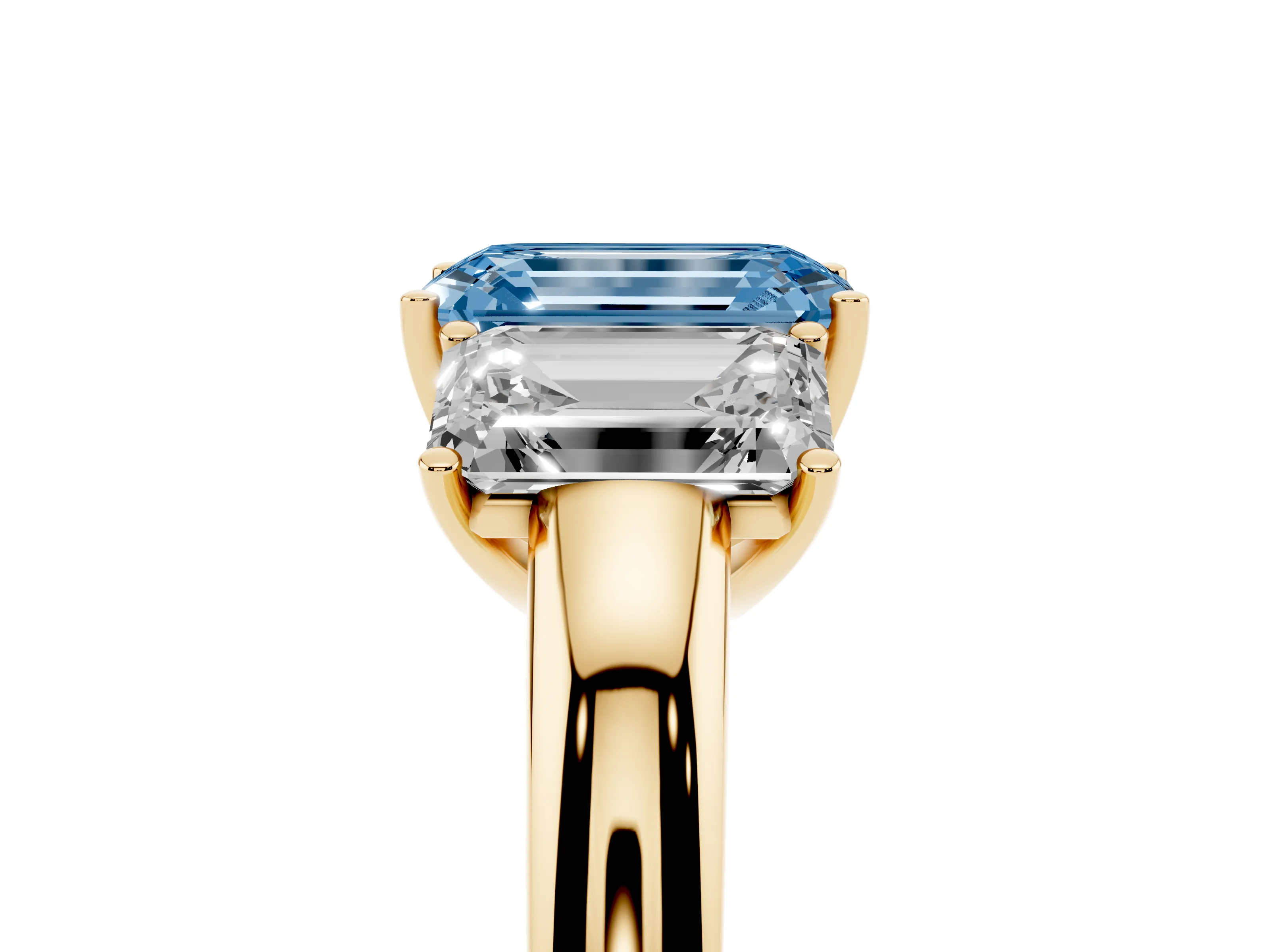 Fancy Blue Emerald Cut Diamond Three-Stone Ring Set in Yellow gold with Bold Center and Classic Band