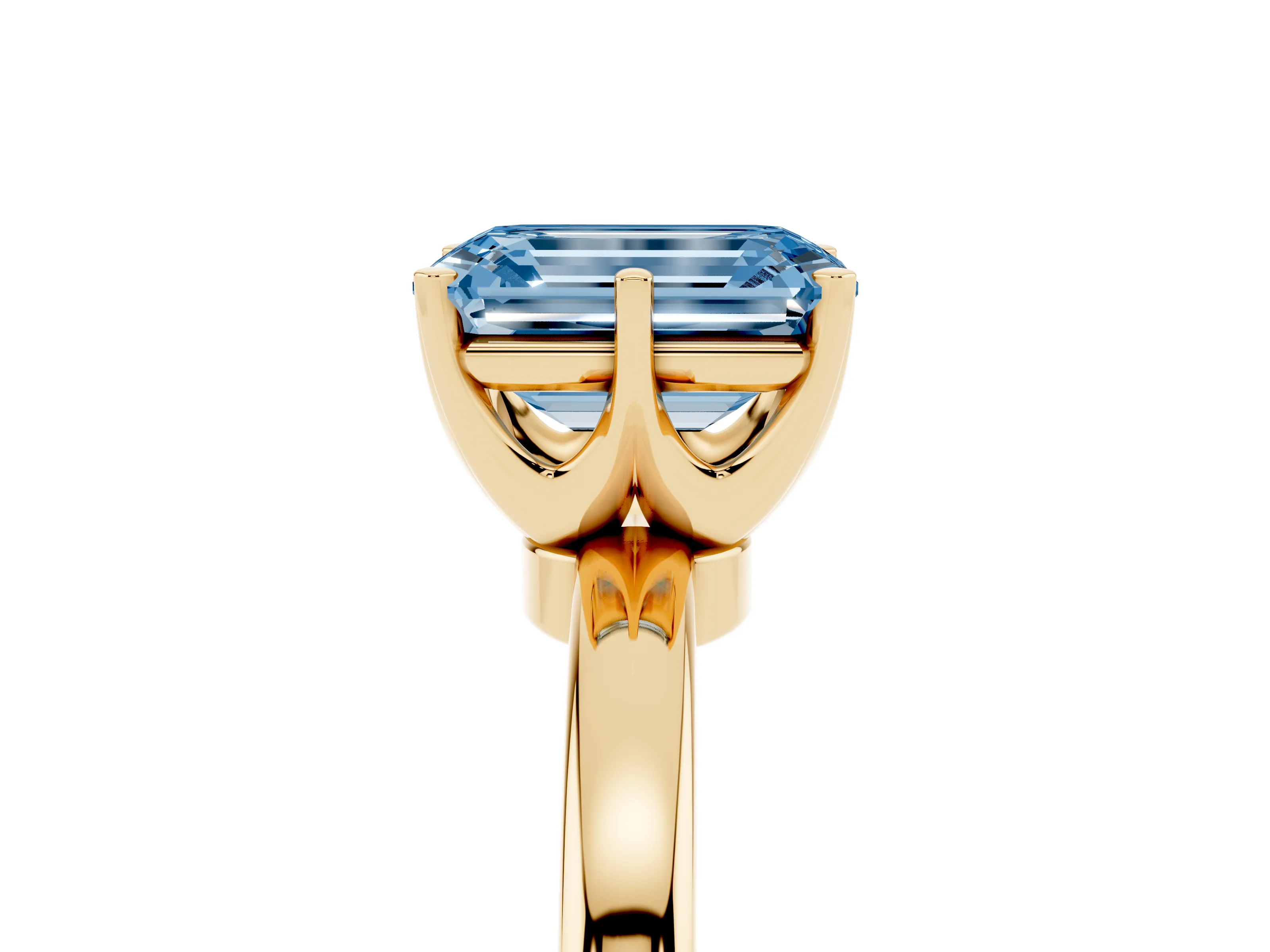 Fancy Blue Emerald Cut Diamond Solitaire Ring Set in Yellow gold with Raised Prong Setting on a Classic Band