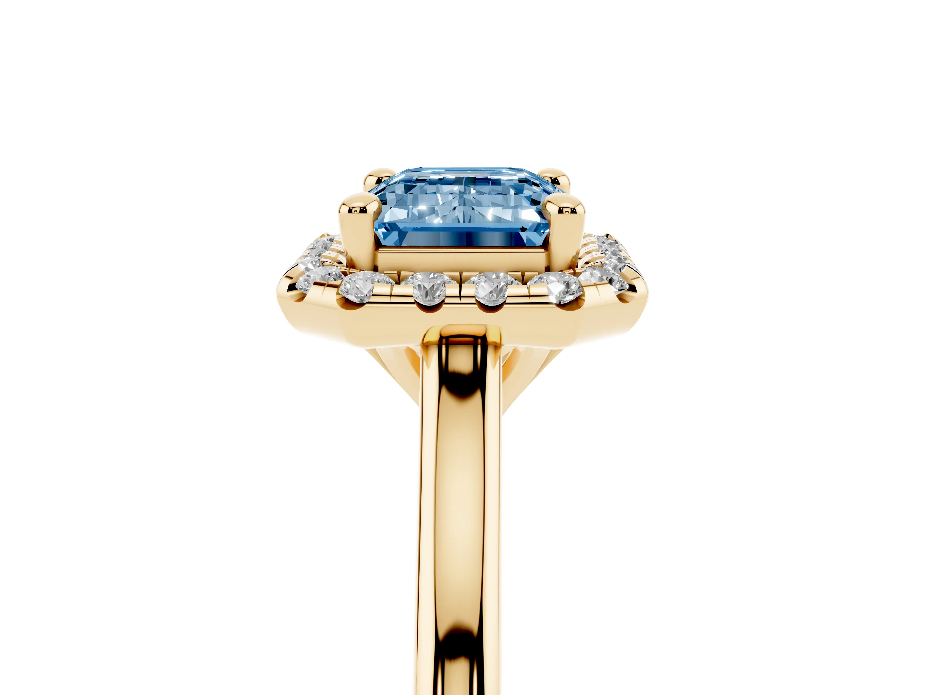 Fancy Blue Emerald Cut Diamond Halo Engagement Ring Set in Yellow gold with Pavé Band and Rising Shoulders