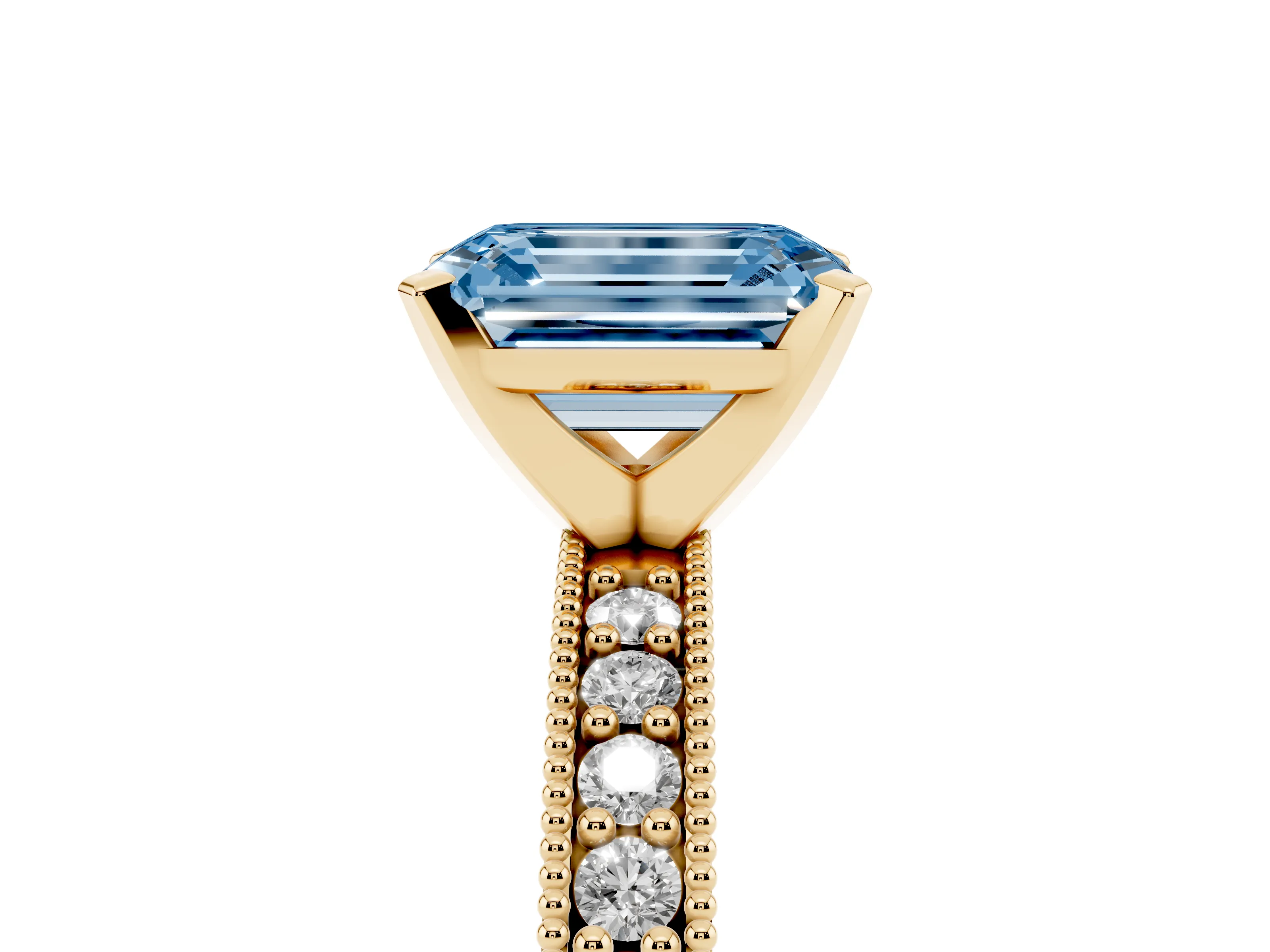 Fancy Blue Emerald Cut Diamond Milgrain Pavé Engagement Ring Set in Yellow gold with Prong Setting