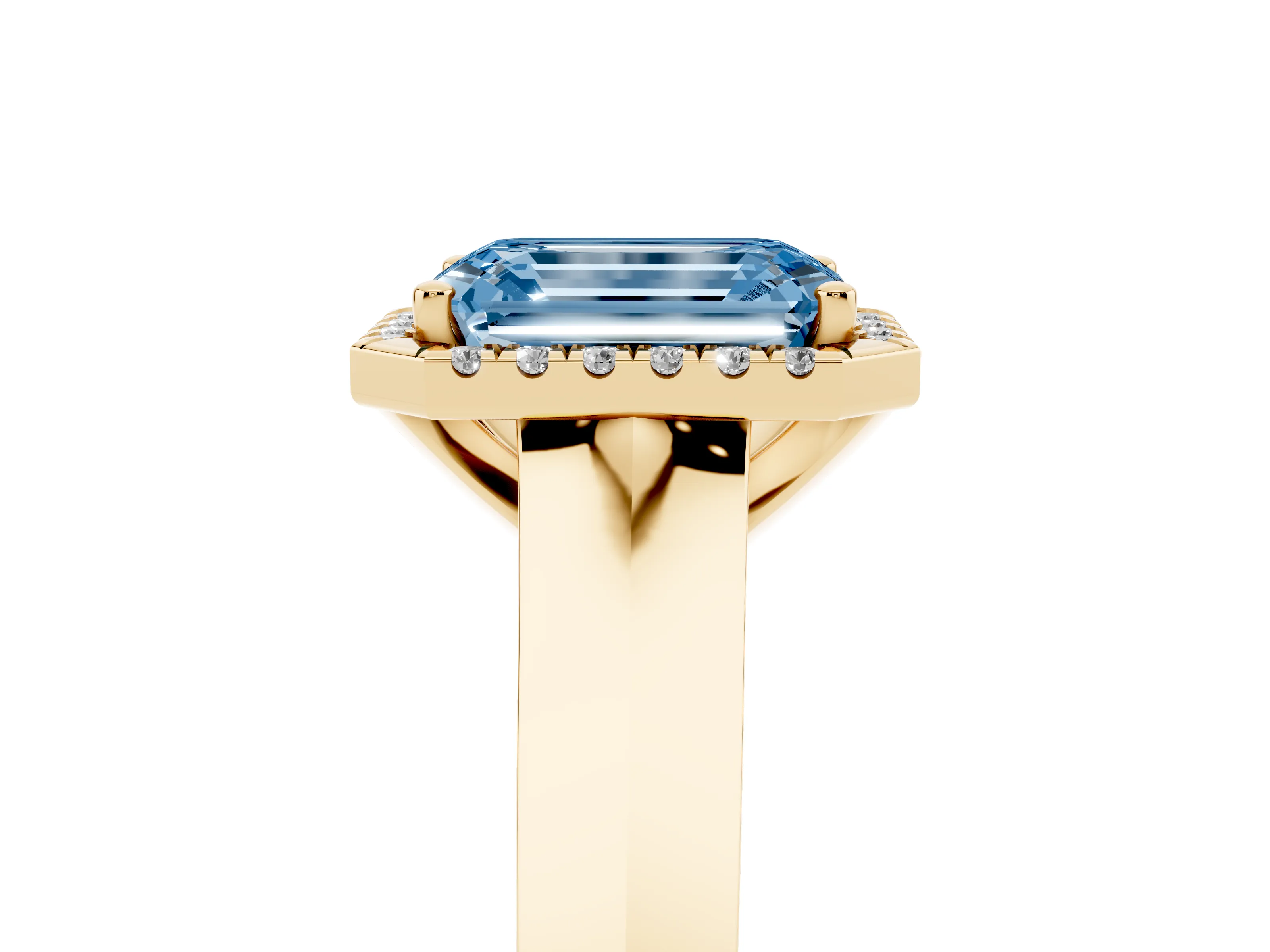 Fancy Blue Emerald Cut Diamond Halo Ring Set in Yellow gold with Cathedral Band and Prong Setting