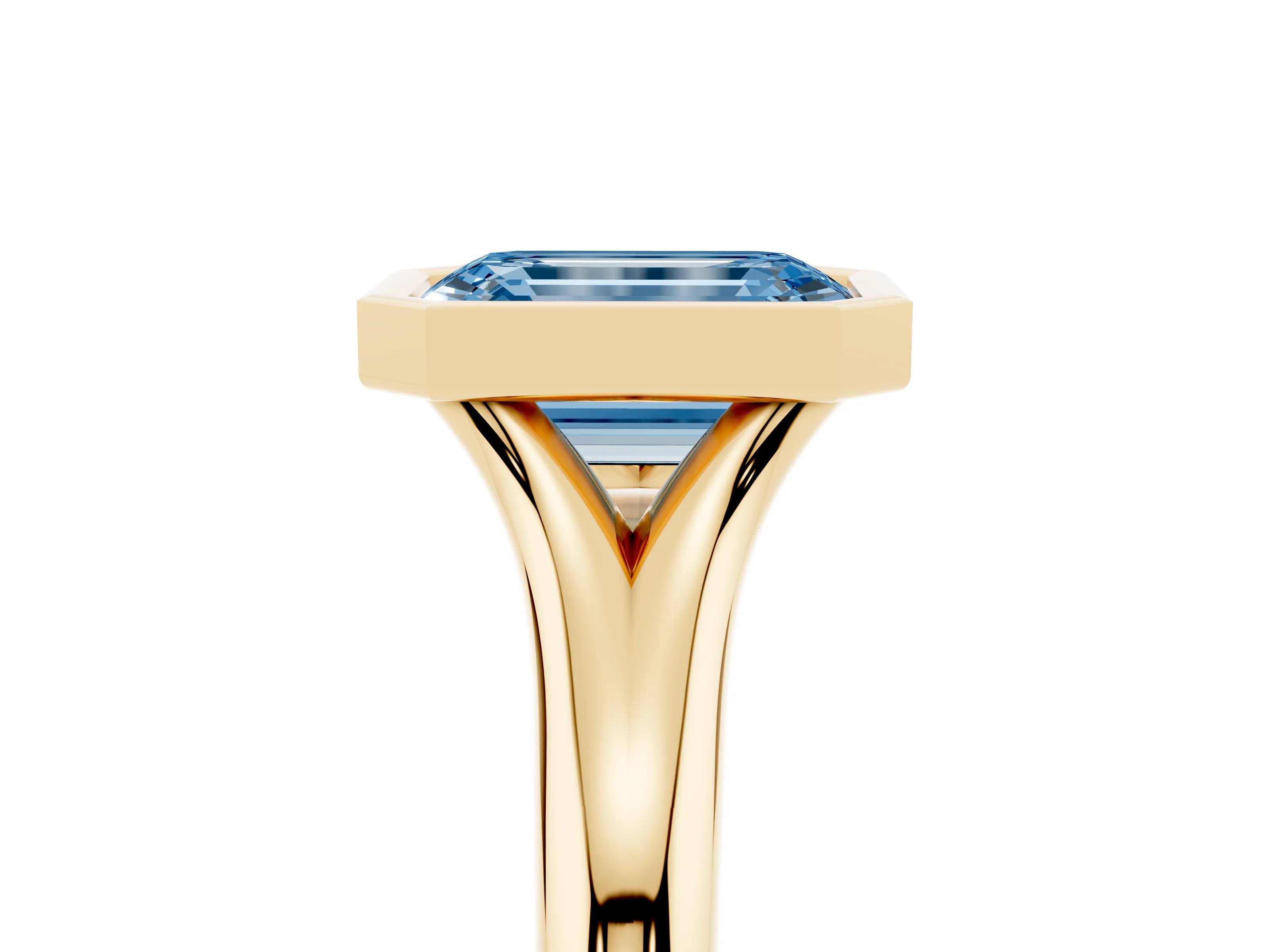 Fancy Blue Bezel Set Emerald Cut Diamond Solitaire Ring Set in Yellow gold with Smooth Band