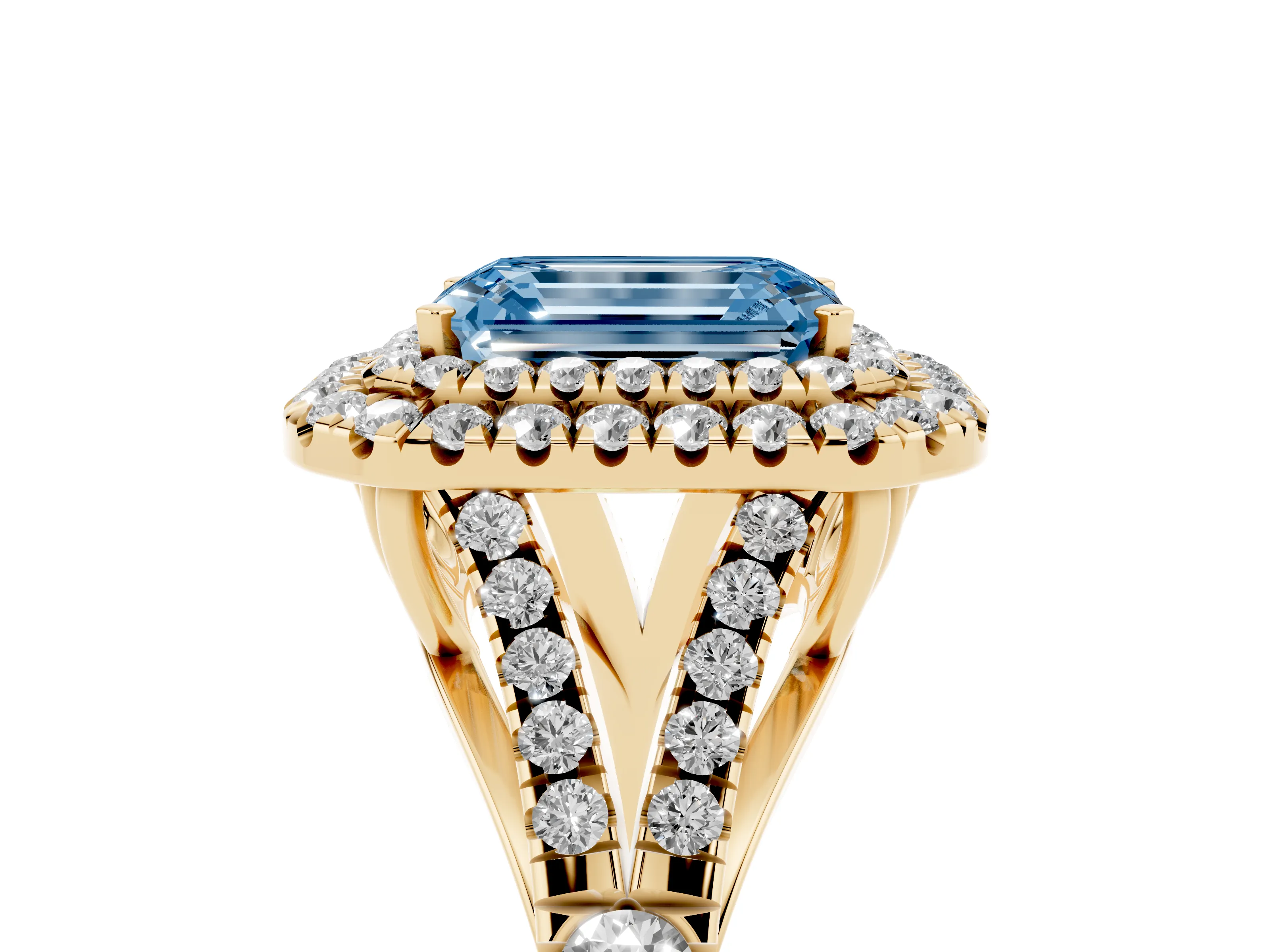 Fancy Blue Emerald Cut Diamond Pavé Split Shank Double Halo Engagement Ring Set in Yellow gold