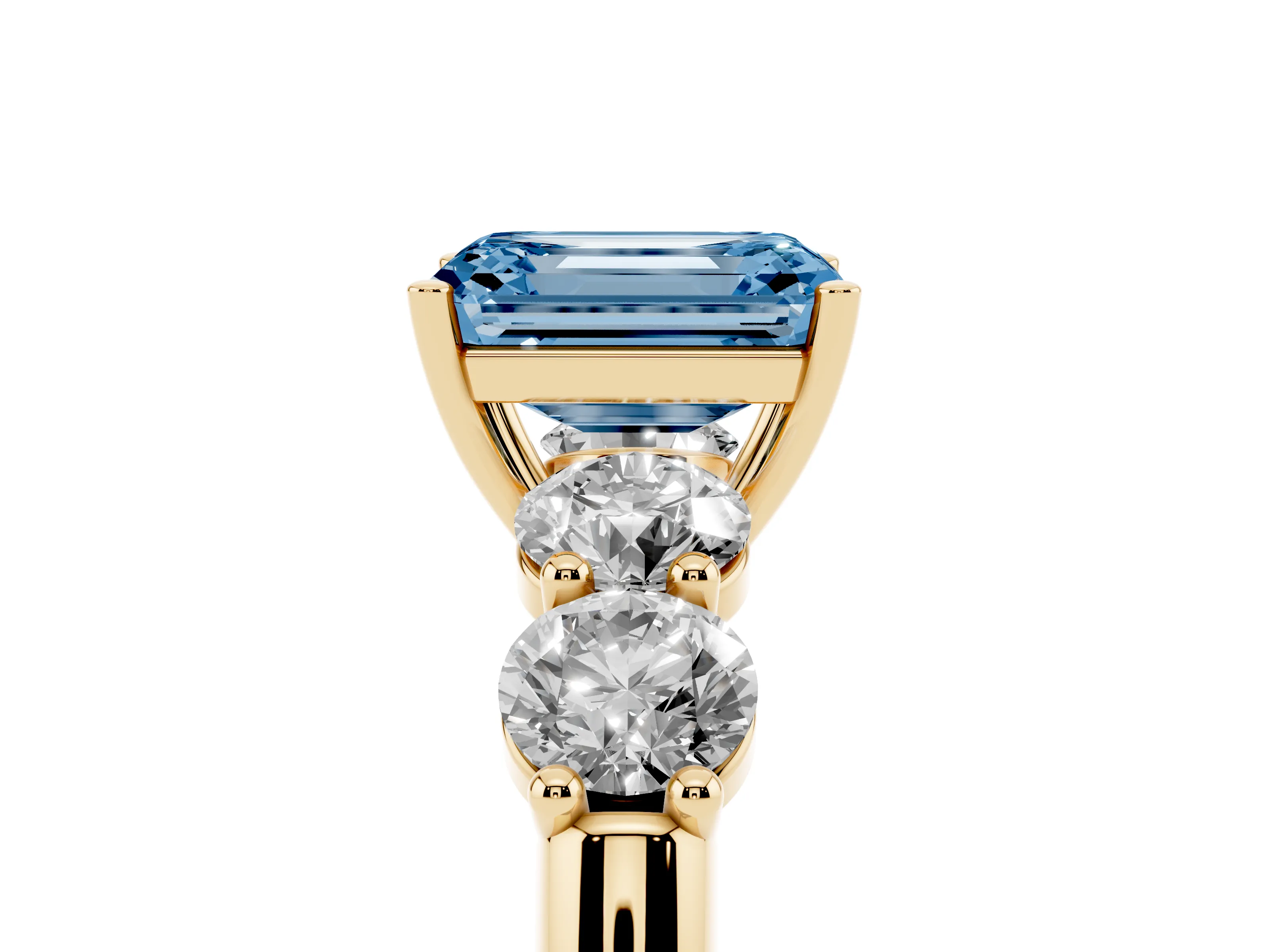 Fancy Blue Emerald Cut Diamond Five-Stone Prong Set Ring Set in Yellow gold with Classic Band
