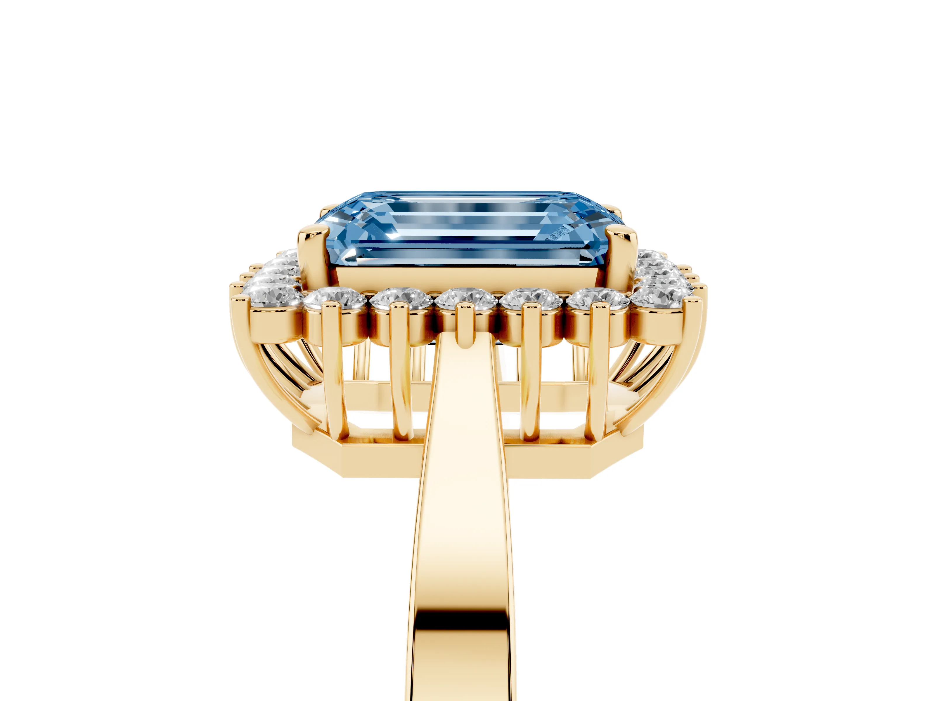 Fancy Blue Emerald Cut Diamond Halo Ring Set in Yellow gold with Round Halo and Smooth Solitaire Band