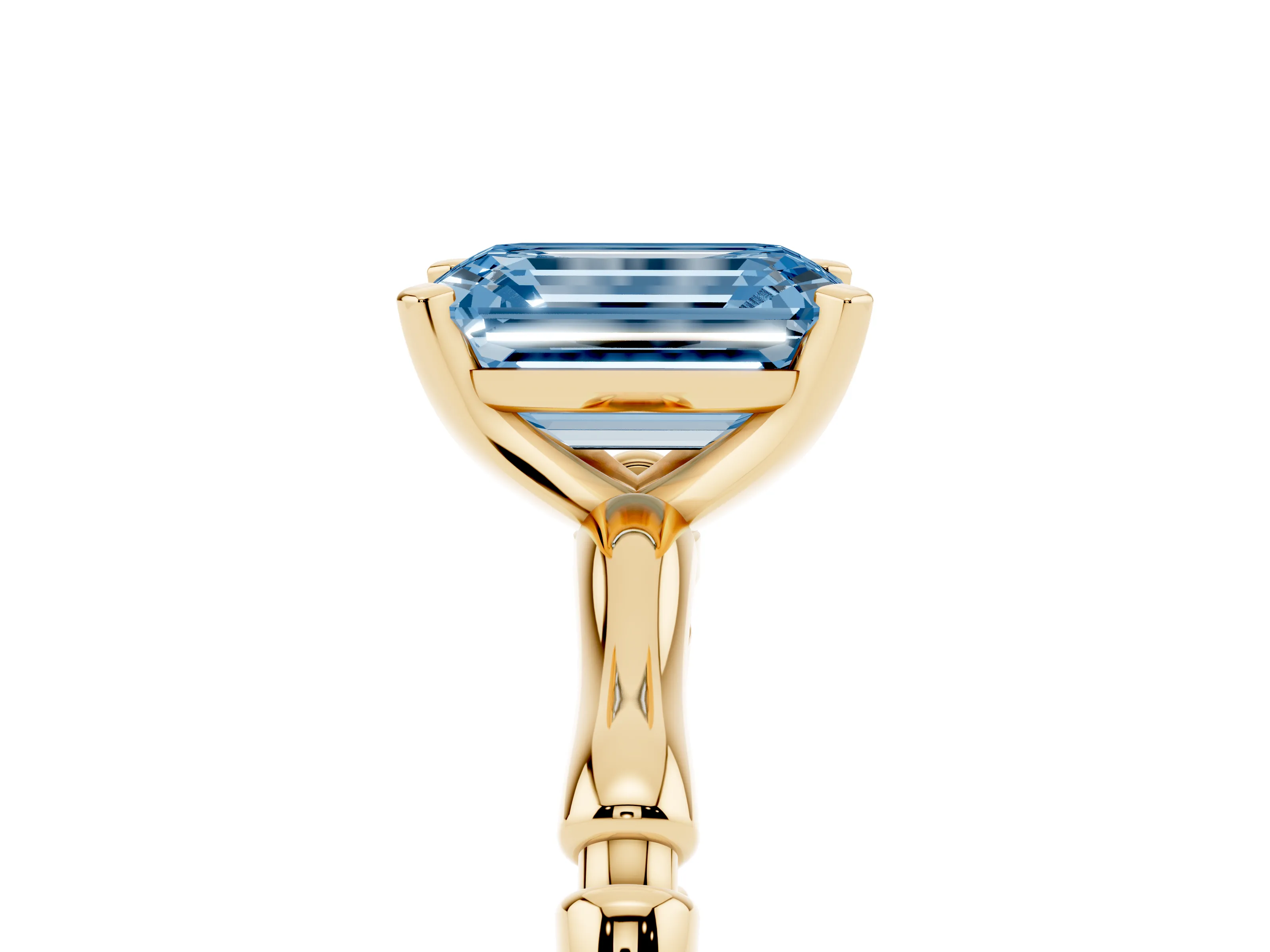 Fancy Blue Emerald Cut Diamond Solitaire Ring Set in Yellow gold with Bamboo Band and Prong Setting