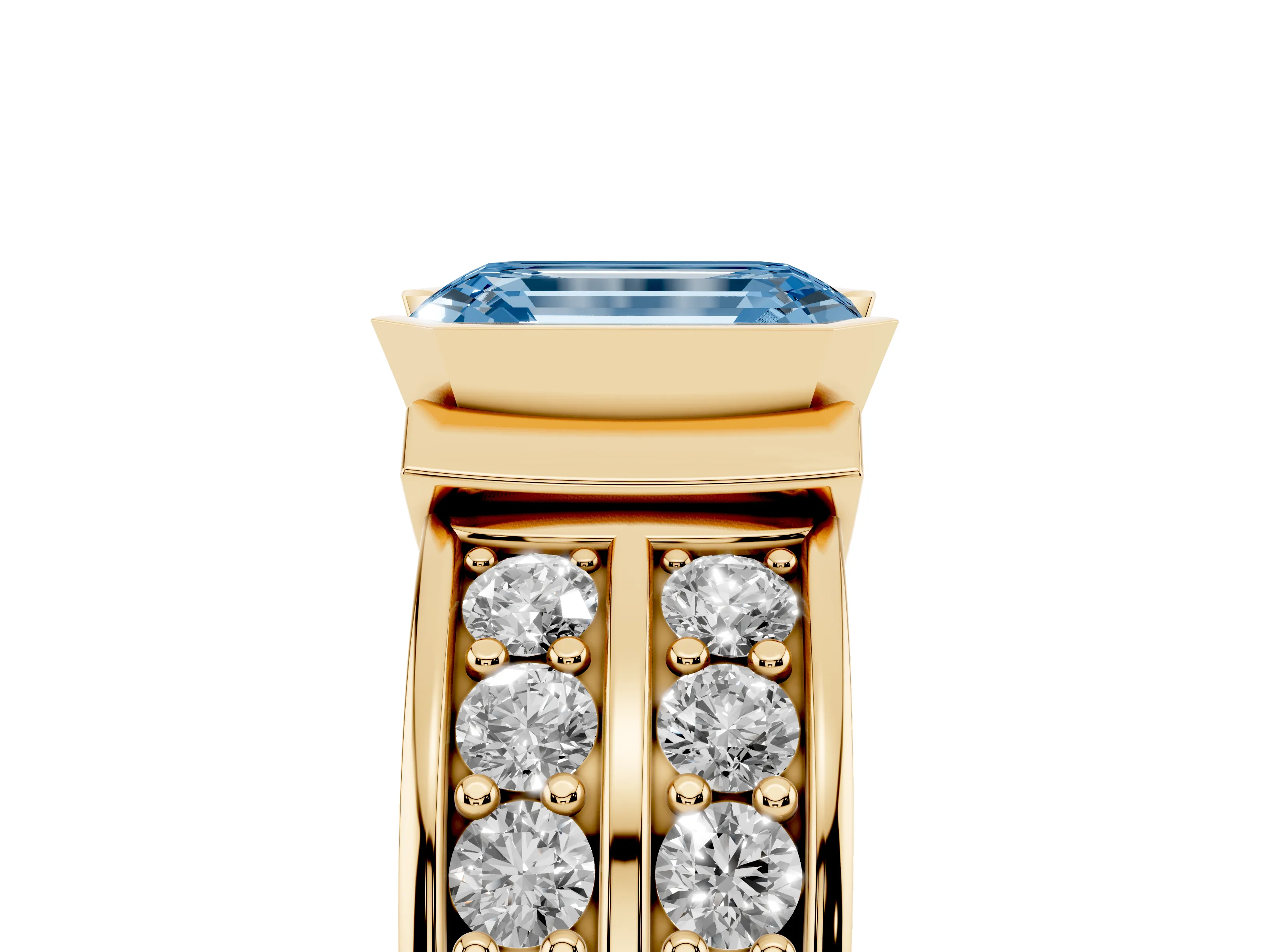 Fancy Blue Emerald Cut Diamond Wide Channel Set Band Ring Set in Yellow gold with Bezel Setting