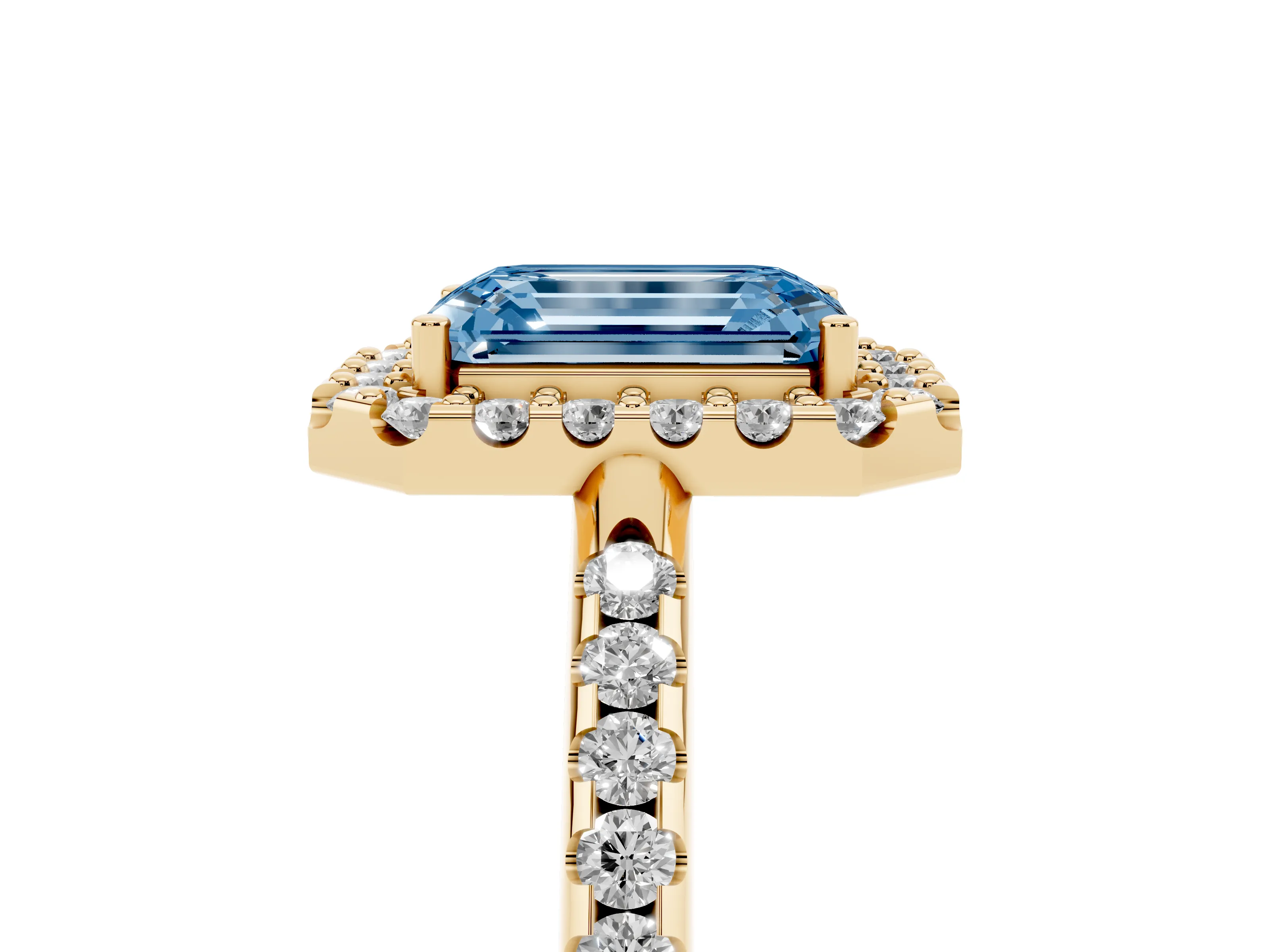Fancy Blue Emerald Cut Diamond Pavé Halo Ring Set in Yellow gold with Prong Setting