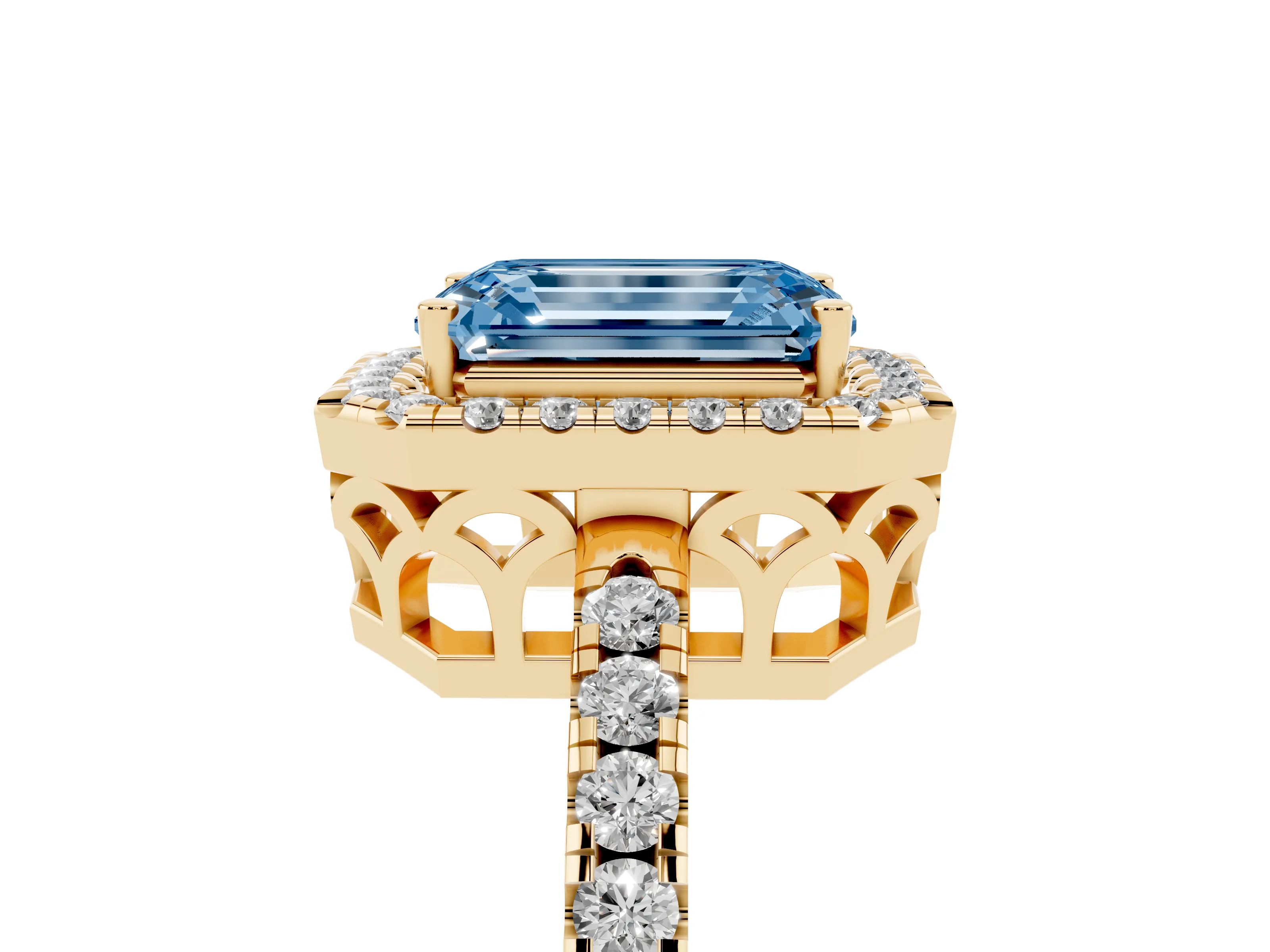 Fancy Blue Emerald Cut Diamond Pavé Band Halo Engagement Ring Set in Yellow gold with Prong Setting