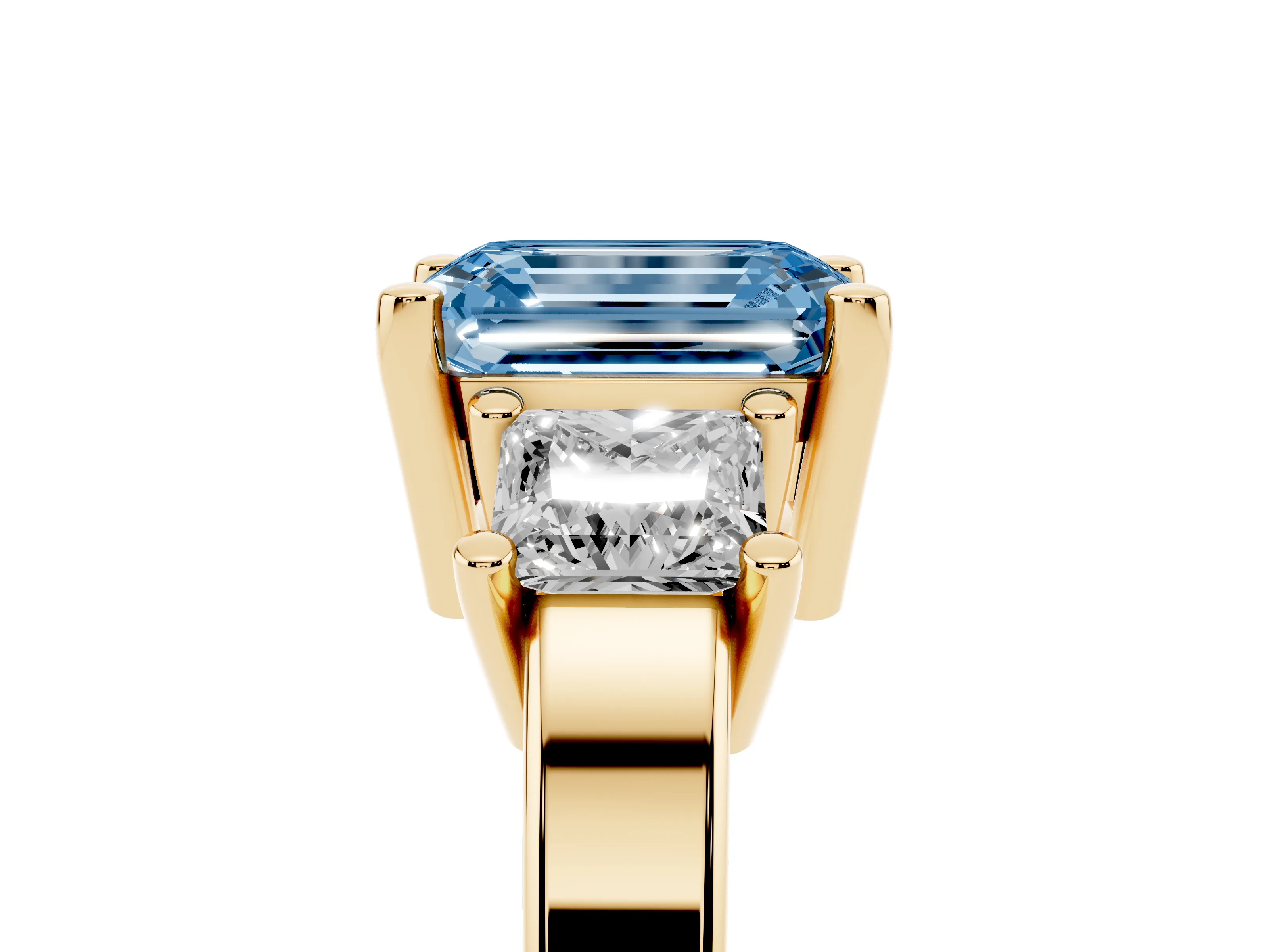 Fancy Blue Three-Stone Emerald Cut Diamond Solitaire Ring Set in Yellow gold with Prong Setting