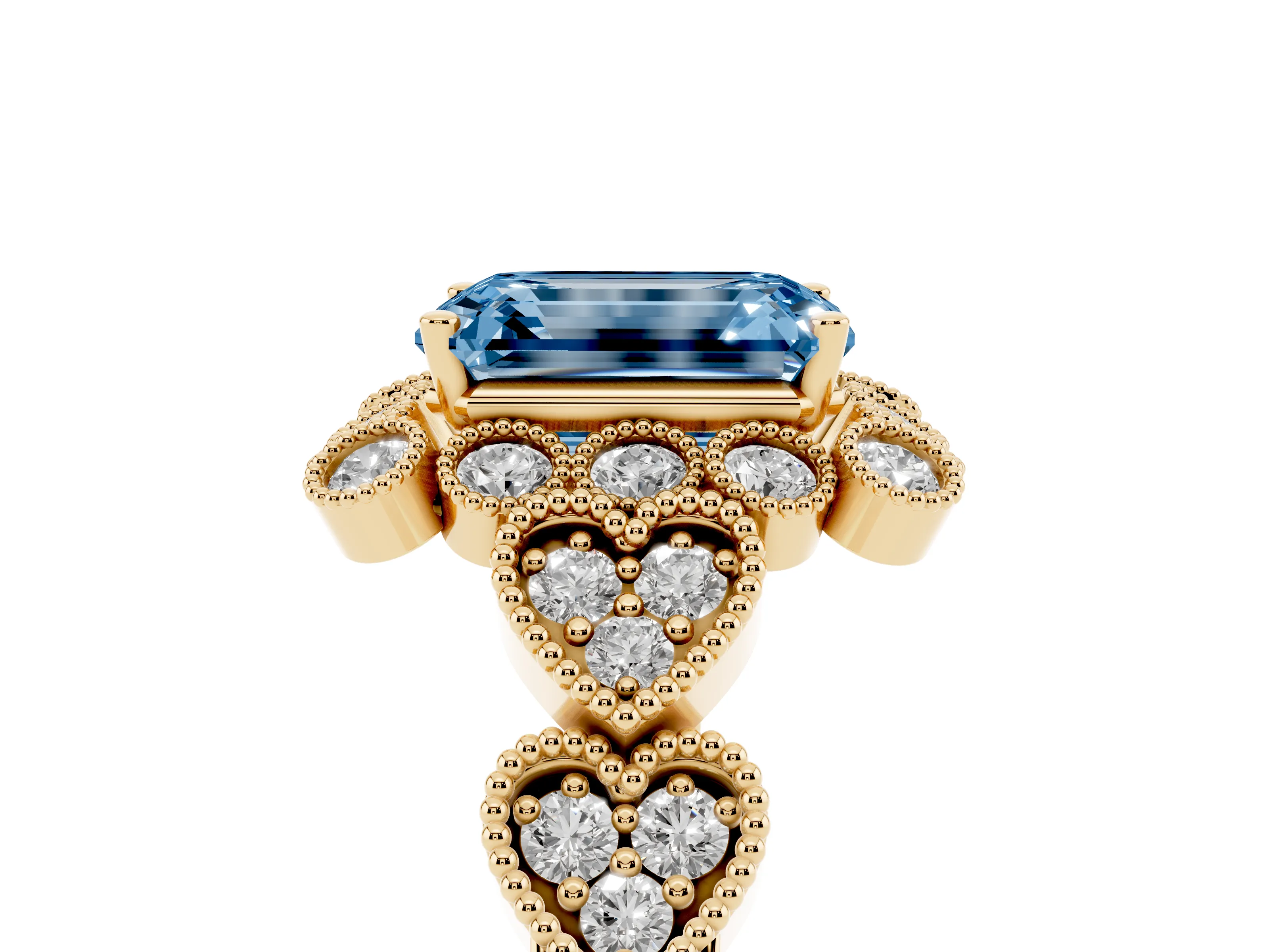 Fancy Blue Emerald Cut Diamond Solitaire Ring Set in Yellow gold with Milgrain Pavé Heart Band