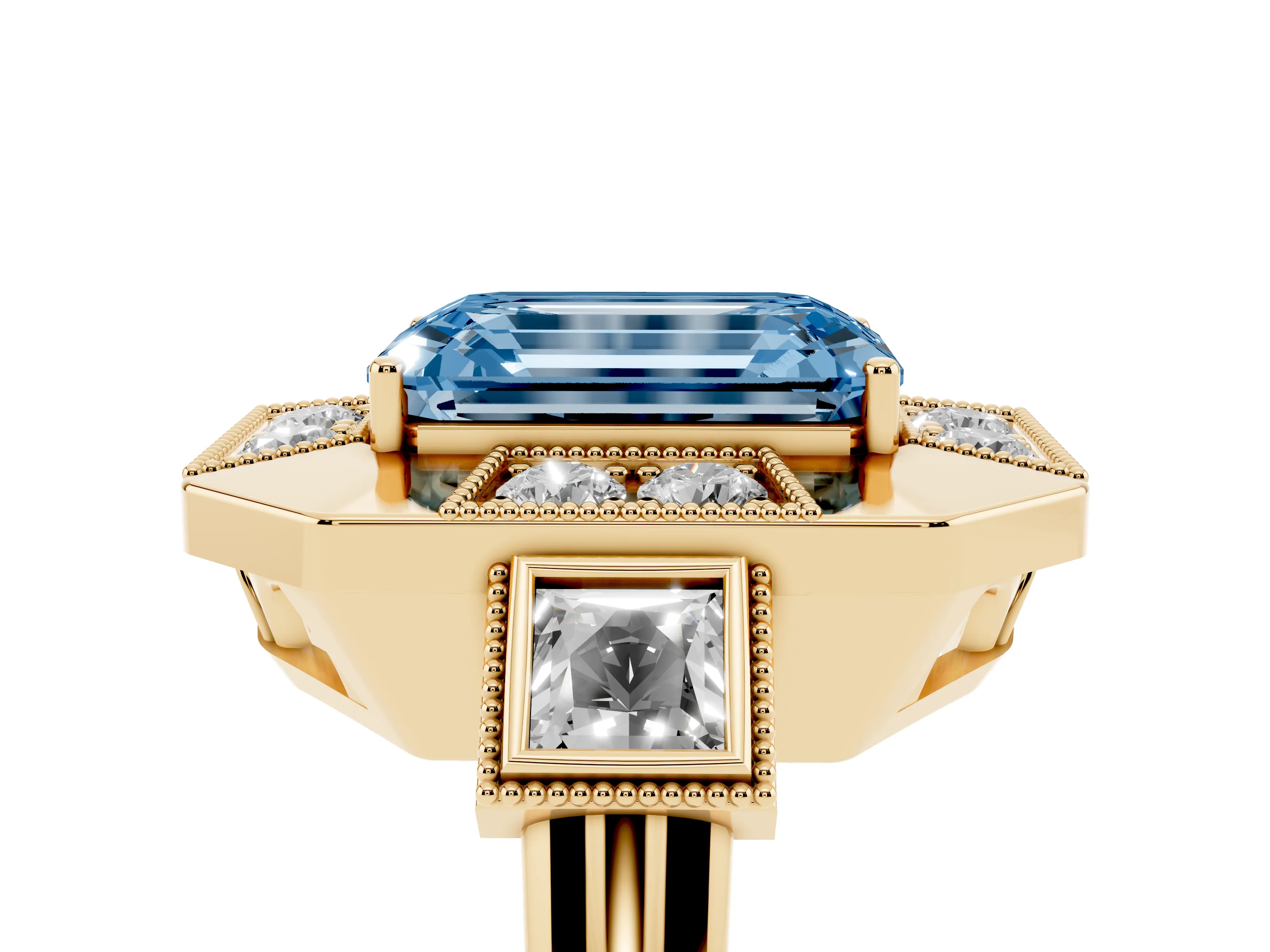Fancy Blue Emerald Cut Diamond Milgrain Halo Ring Set in Yellow gold with Split Shank