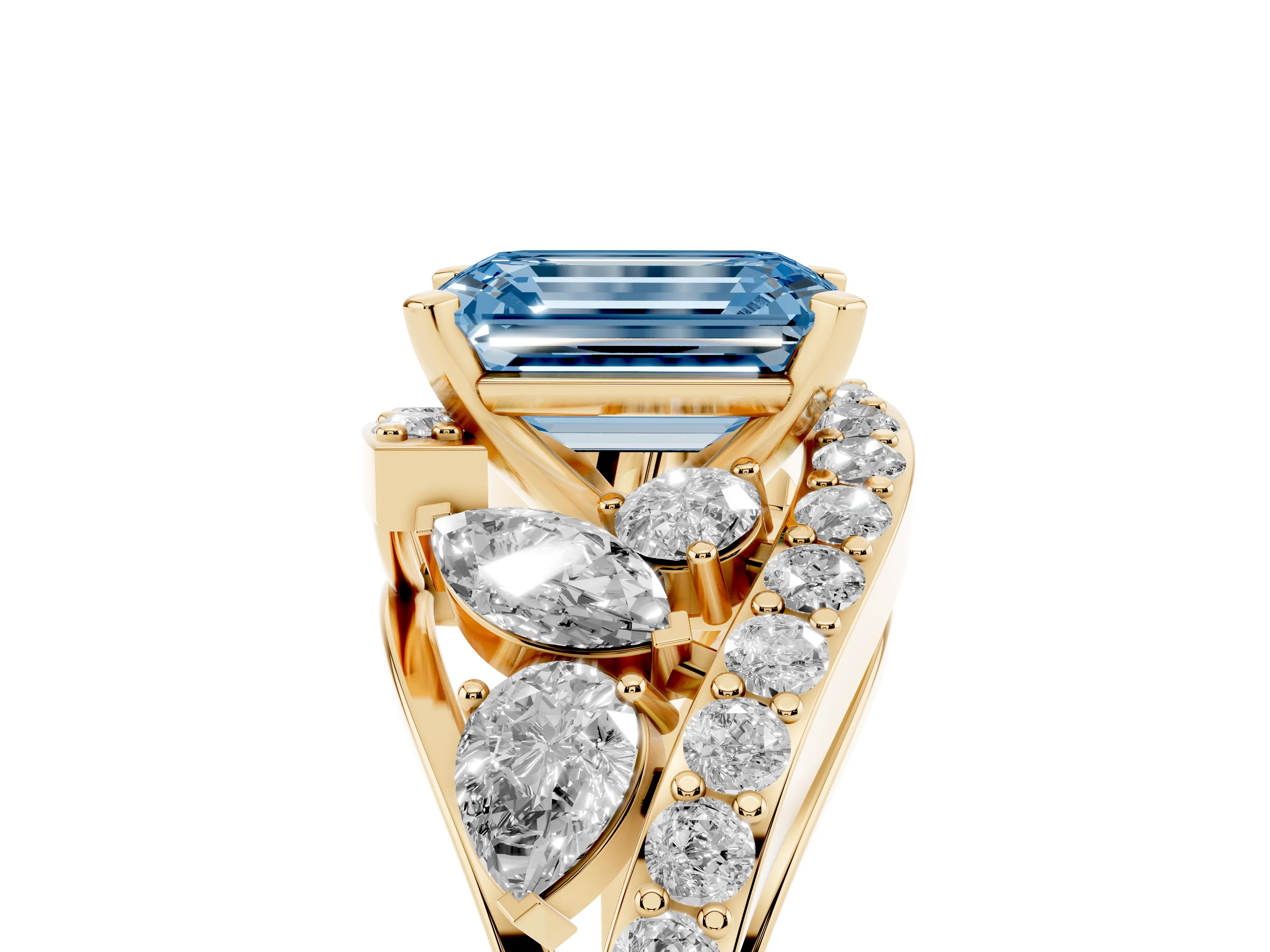 Fancy Blue Emerald Cut Diamond Halo Ring Set in Yellow gold with Marquise and Pavé Band in Prong Setting