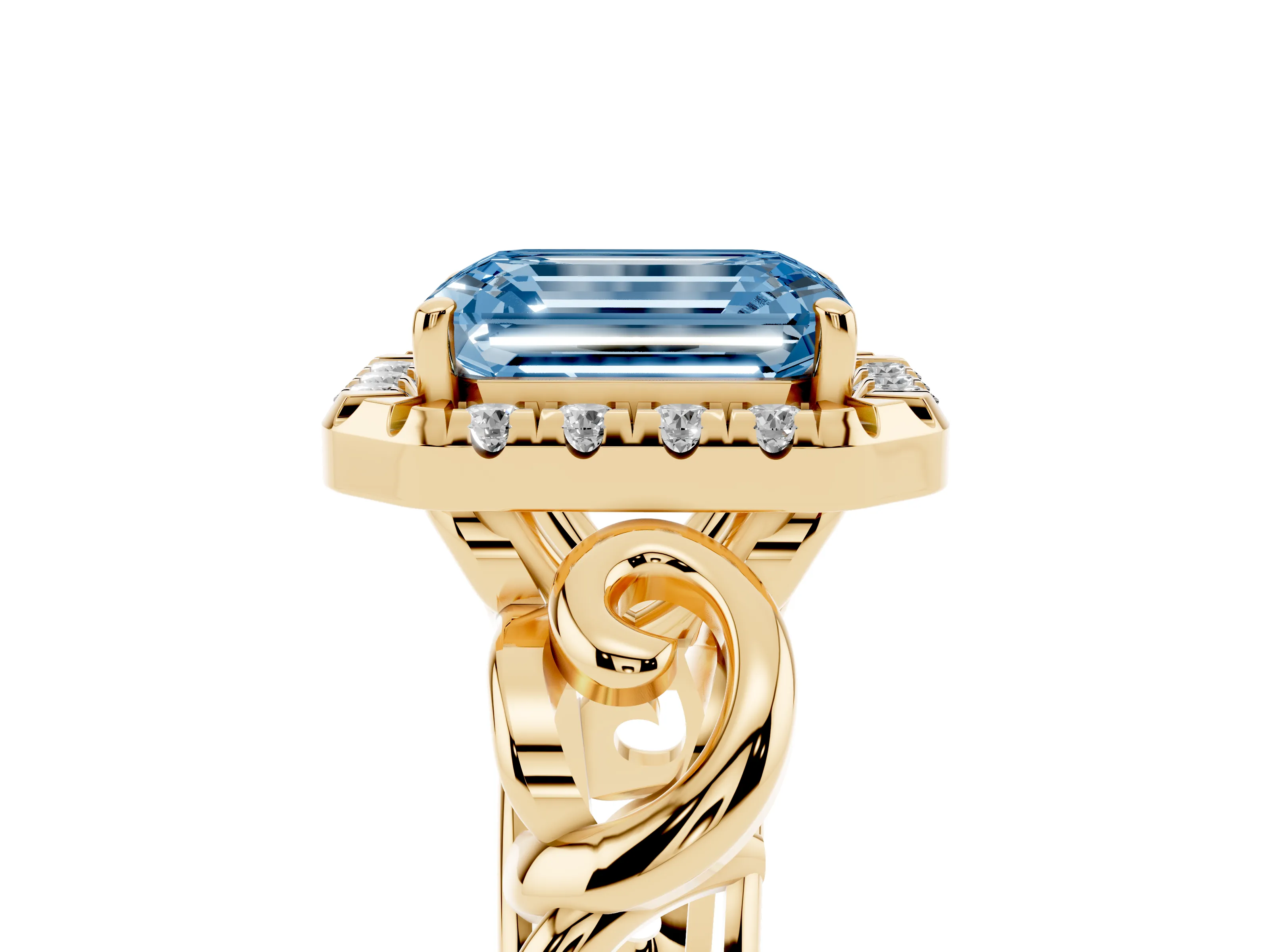 Fancy Blue Emerald Cut Diamond Halo Ring Set in Yellow gold with Scrollwork Band and Prong Setting