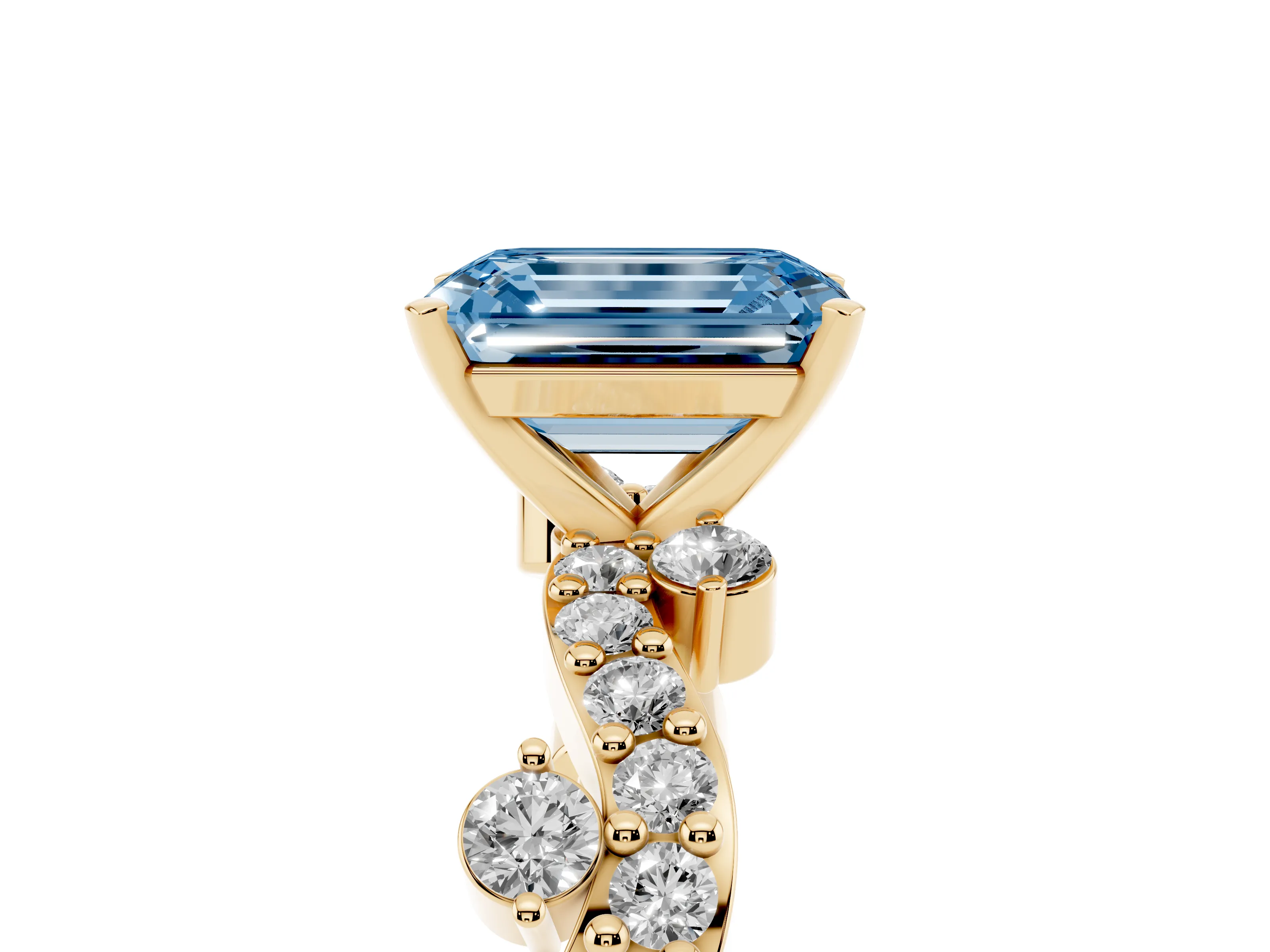 Fancy Blue Emerald Cut Diamond Solitaire Twisted Band Set in Yellow gold with Pavé Setting