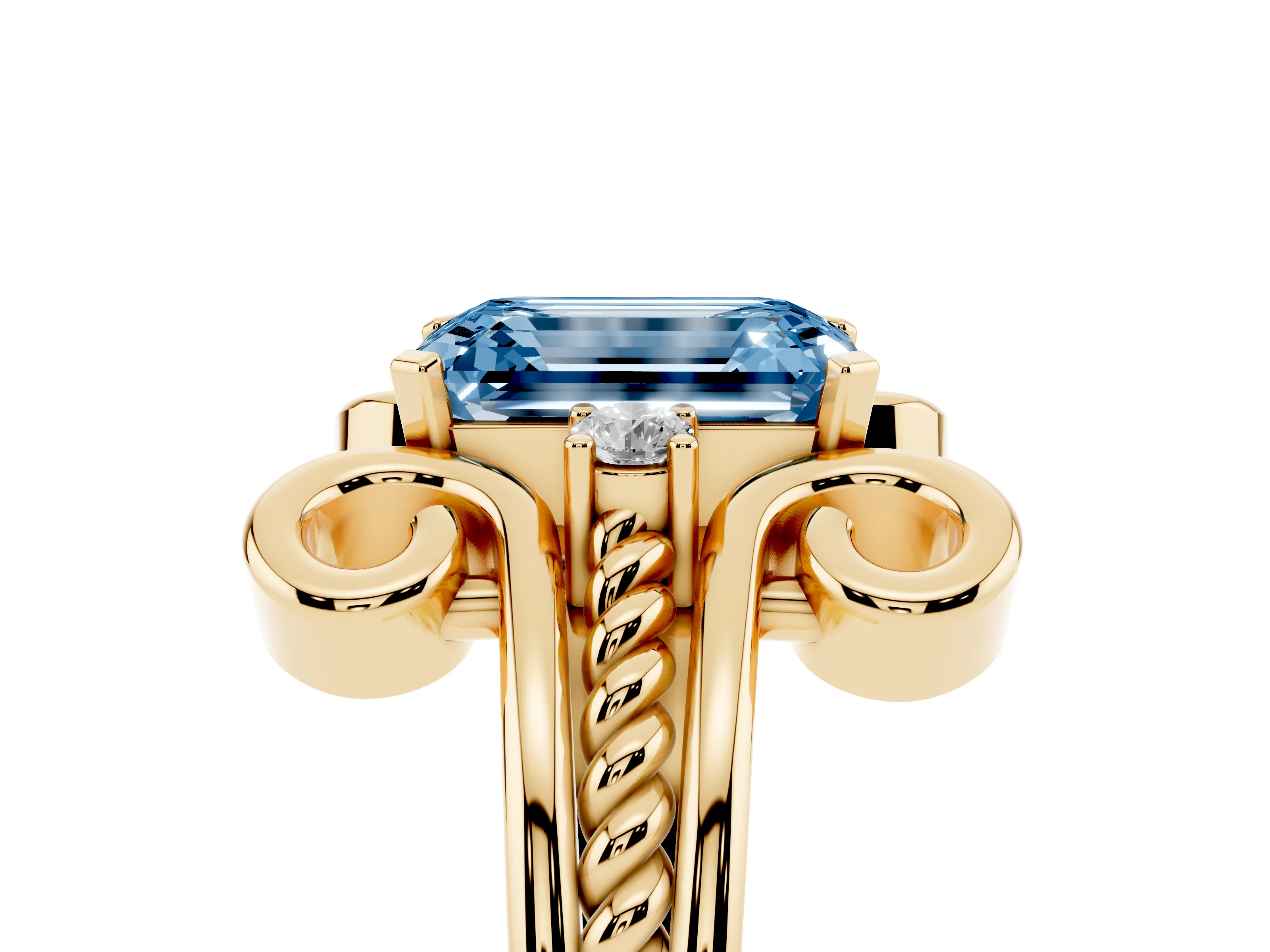 Fancy Blue Emerald Cut Diamond Twisted Band Solitaire Ring Set in Yellow gold with Scroll Prongs