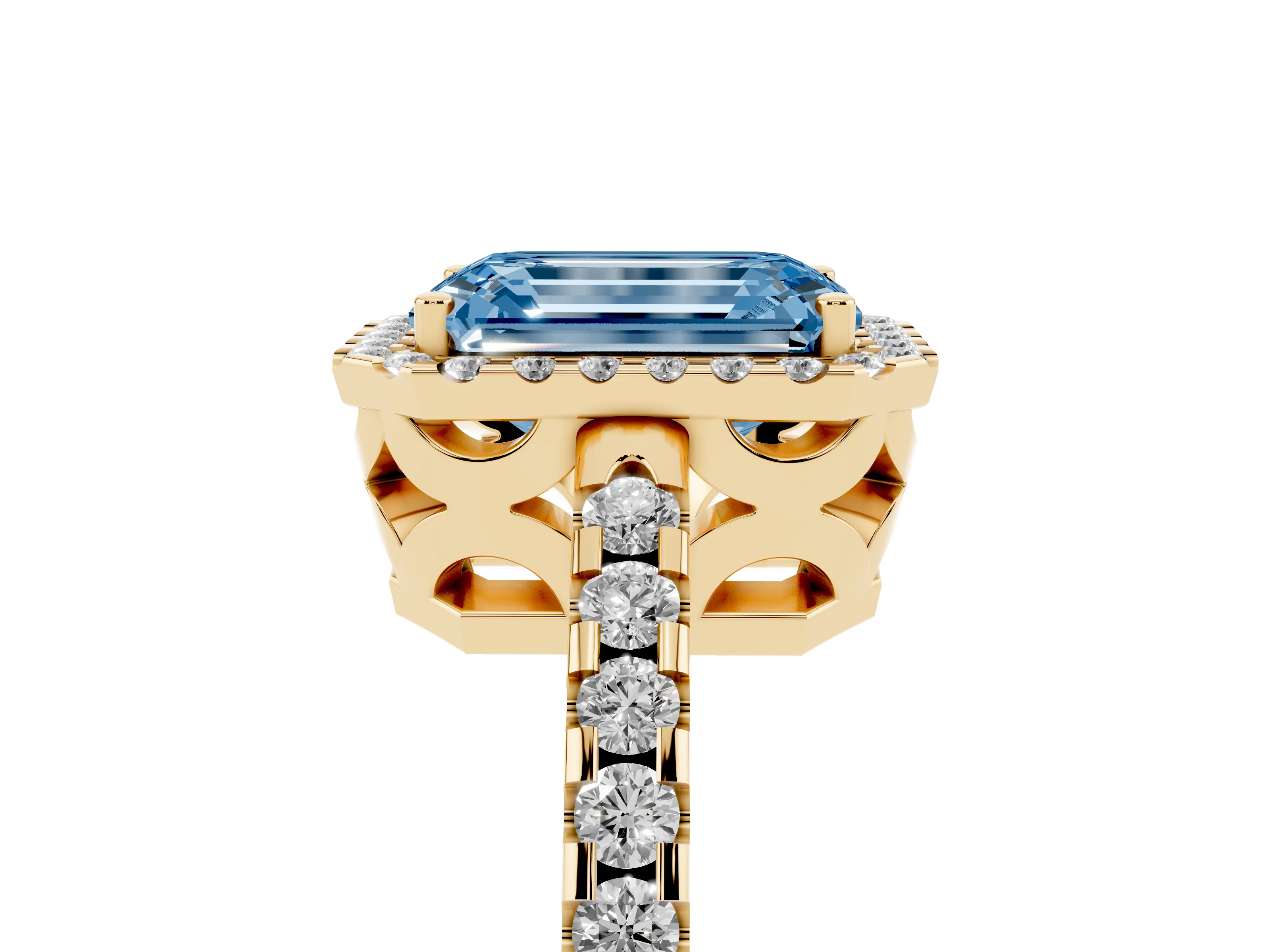 Fancy Blue Emerald Cut Diamond Halo Ring Set in Yellow gold with Pavé Shoulders and Halo-Framed Center