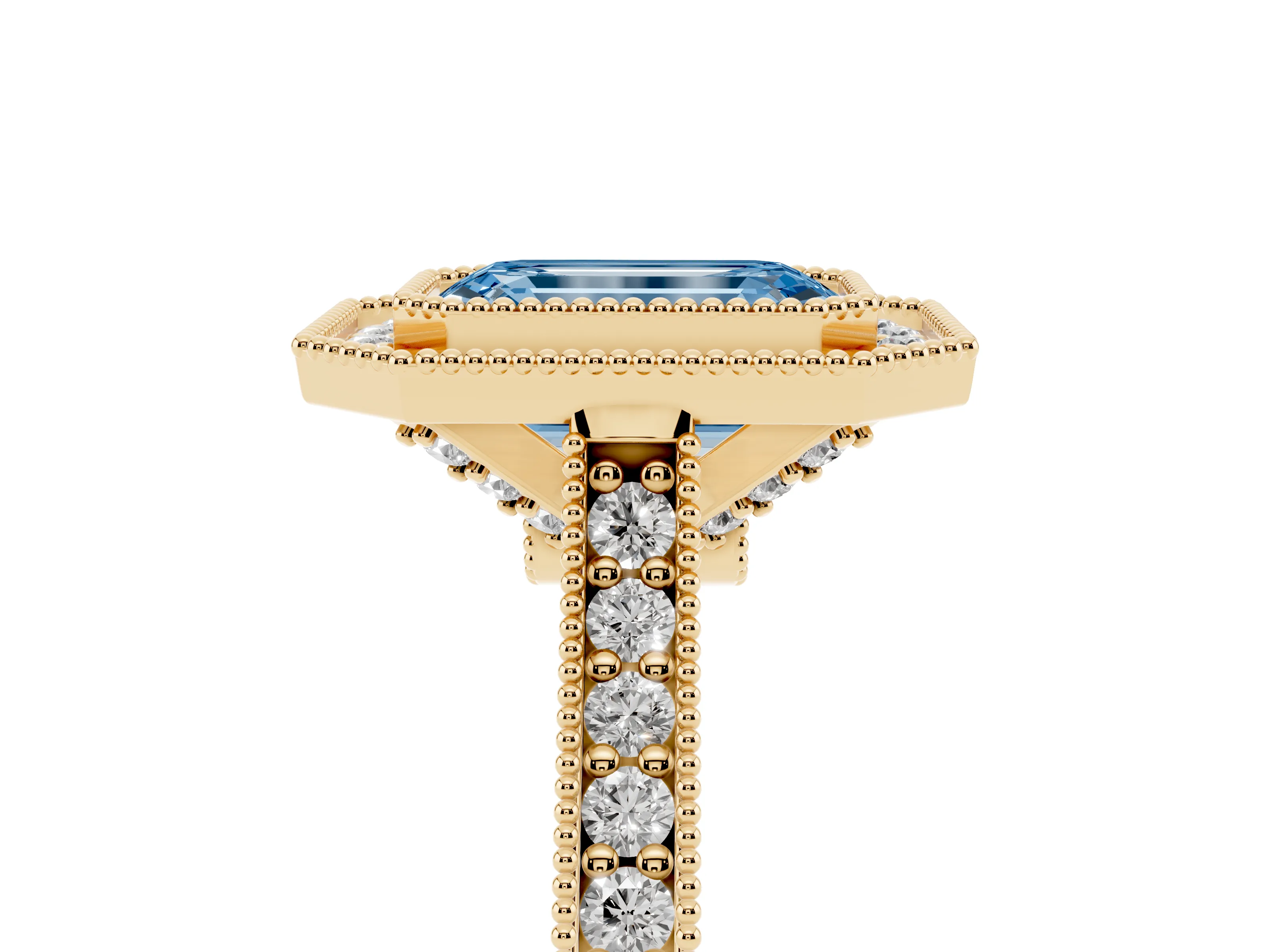 Fancy Blue Emerald Cut Diamond Halo Milgrain Pavé Band Ring Set in Yellow gold with Prong Setting