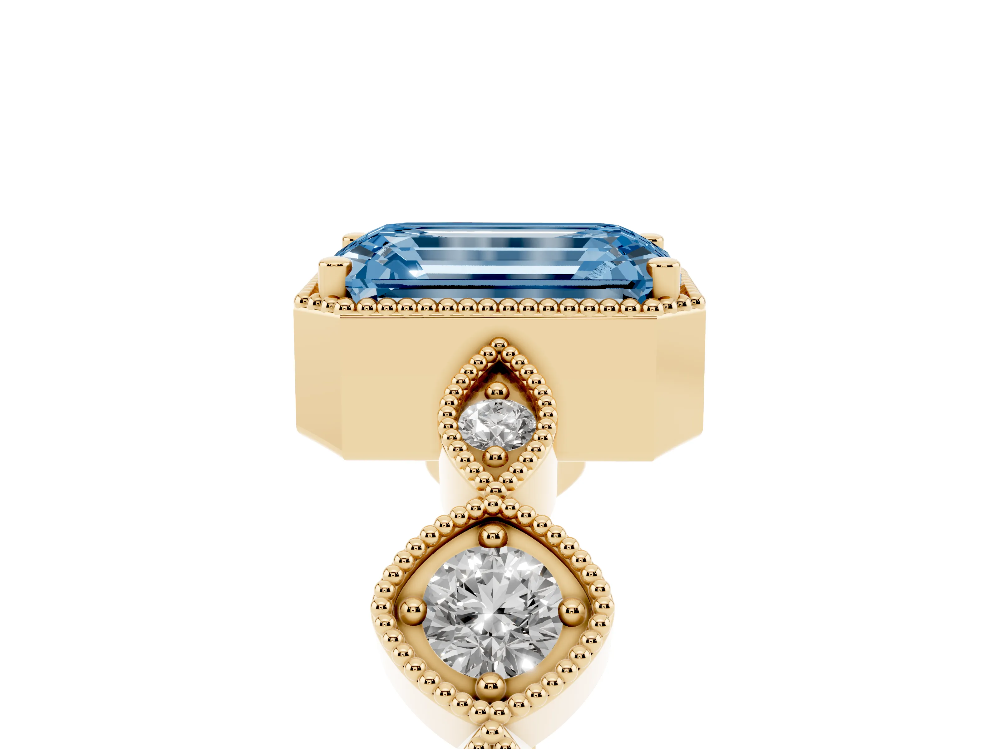 Fancy Blue Emerald Cut Diamond Vintage-Inspired Milgrain Ring Set in Yellow gold with Marquise Stations of Round Accents
