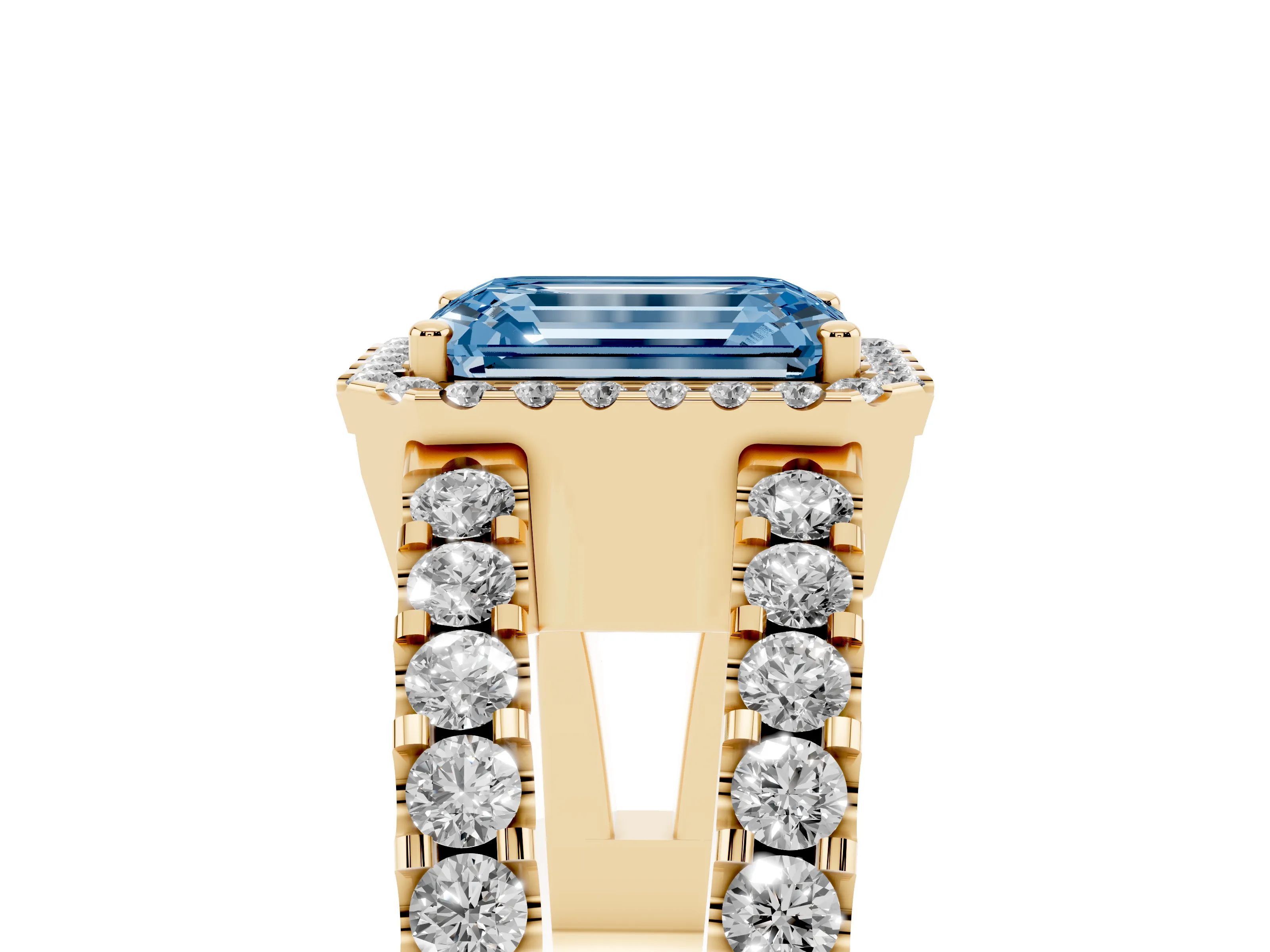 Fancy Blue Emerald Cut Diamond Halo Ring Set in Yellow gold with Pavé Split Shank and Prong Setting