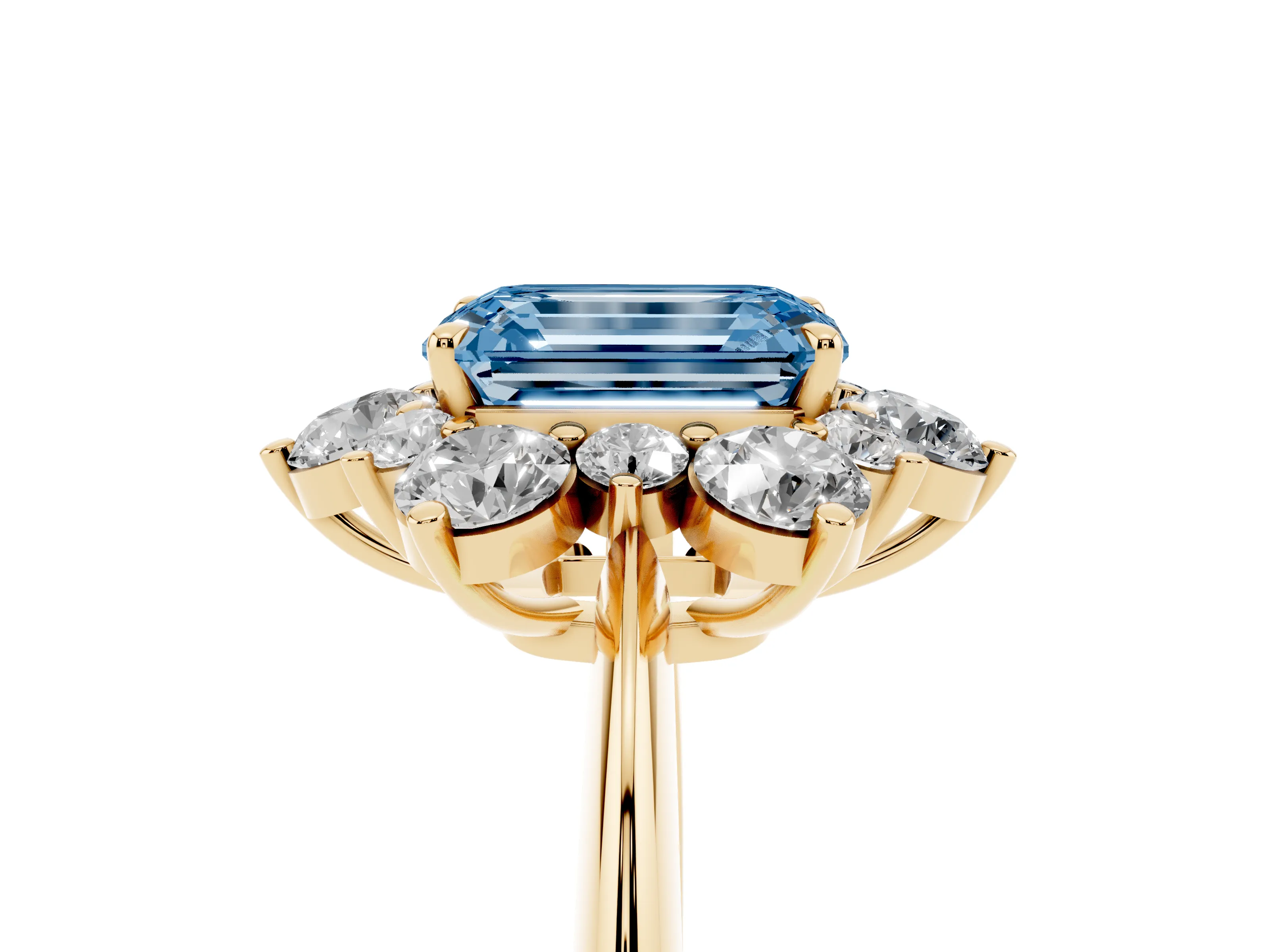 Fancy Blue Emerald Cut Diamond Cluster Halo Ring Set in Yellow gold with Solitaire Band and Prong Setting