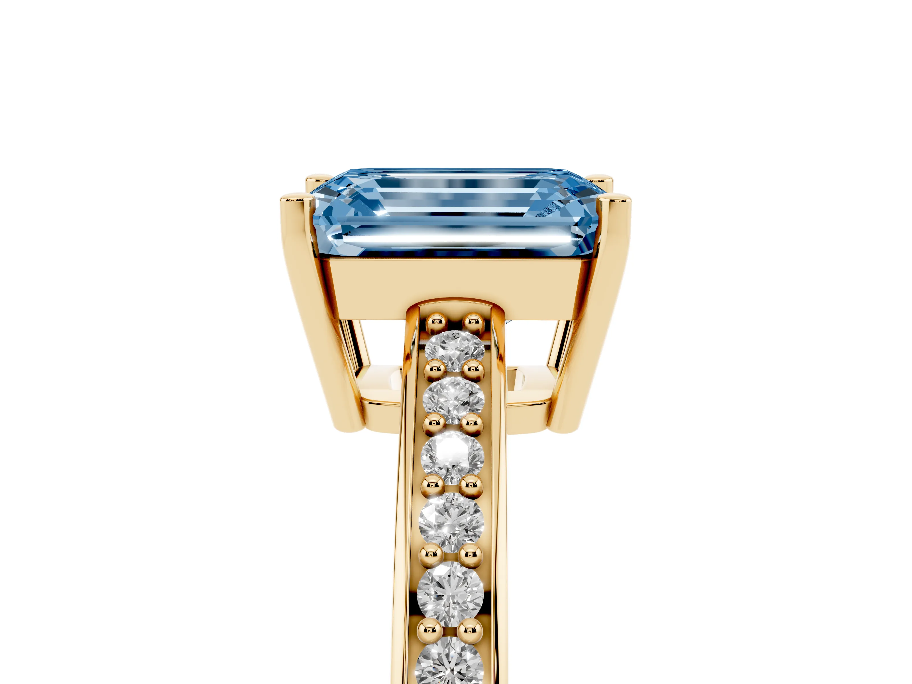 Fancy Blue Emerald Cut Diamond Pavé Band Prong Set Solitaire Ring Set in Yellow gold