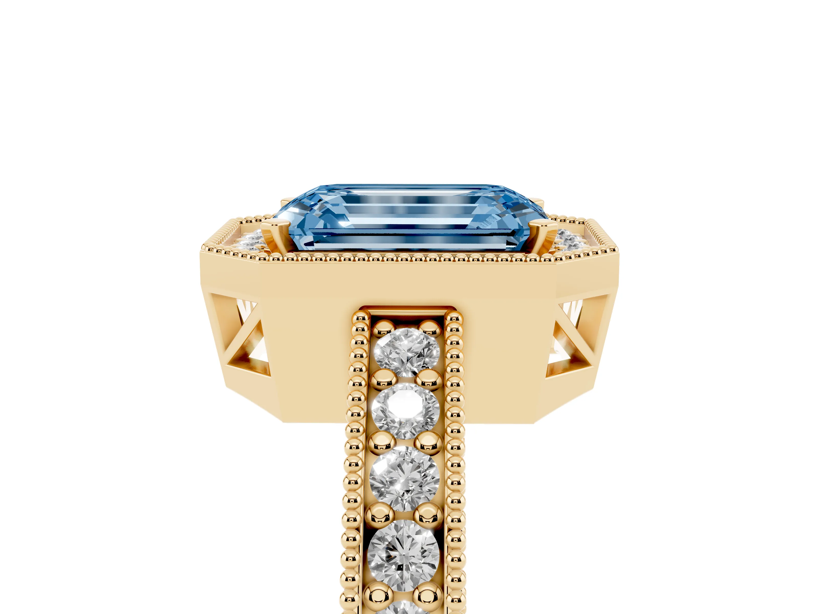 Fancy Blue Emerald Cut Diamond Halo Pavé Band Ring Set in Yellow gold with Prong-Set Center