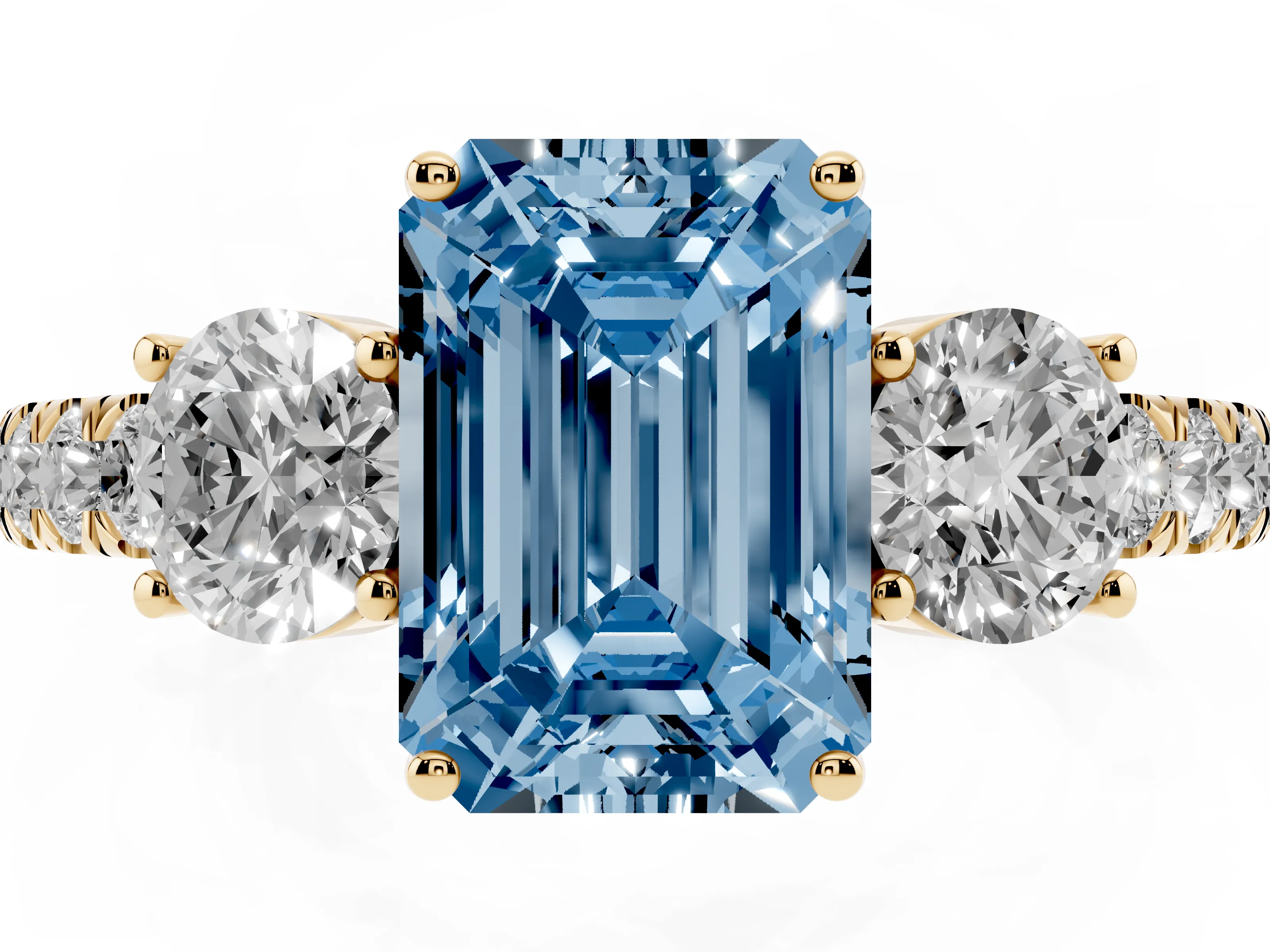 Fancy Blue Emerald Cut Diamond Three-Stone Ring Set in Yellow gold with Round Side Stones and Delicate Pavé Band