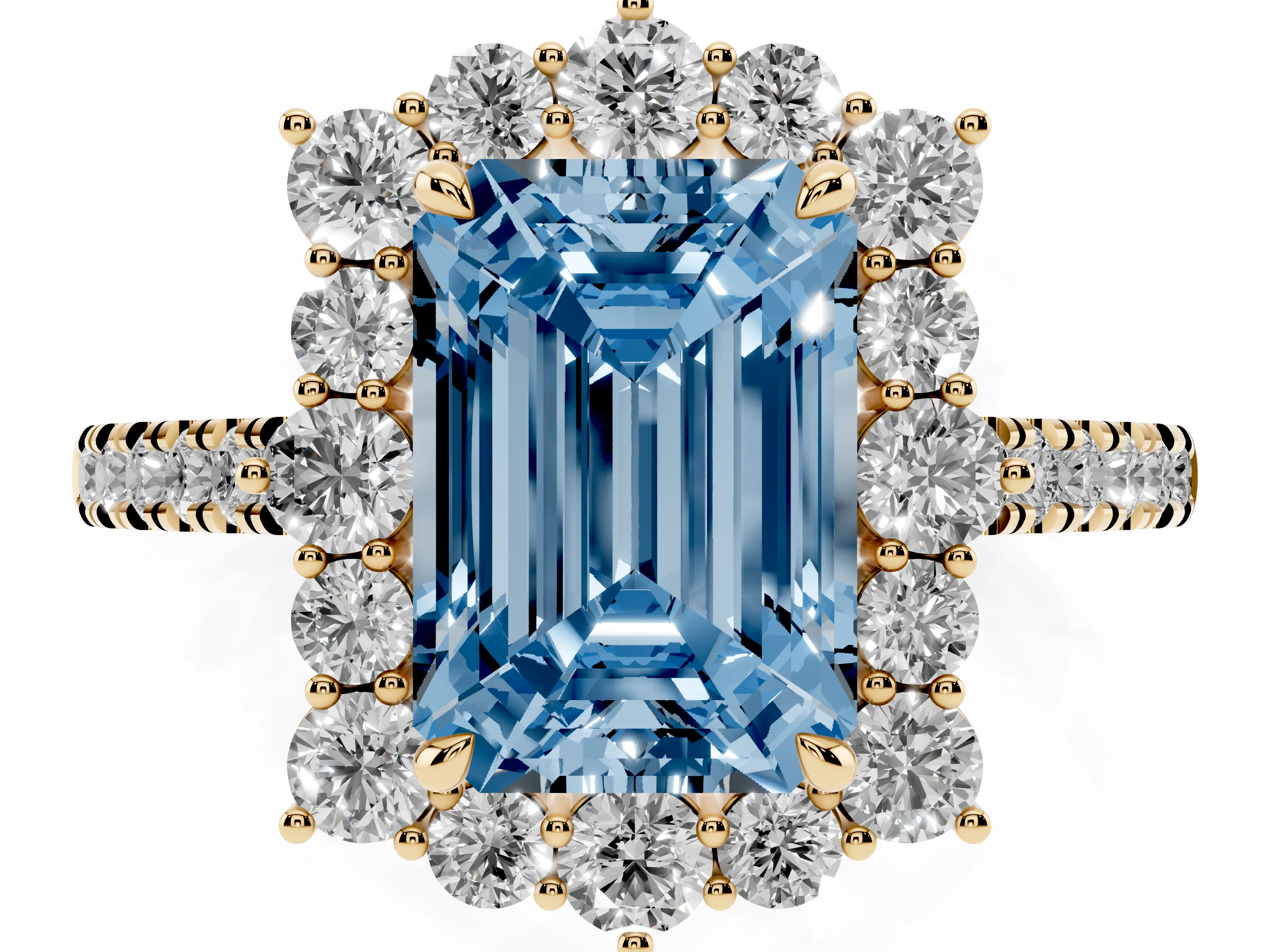 Fancy Blue Emerald Cut Diamond Halo Ring Set in Yellow gold with Pavé Band and Prong Setting