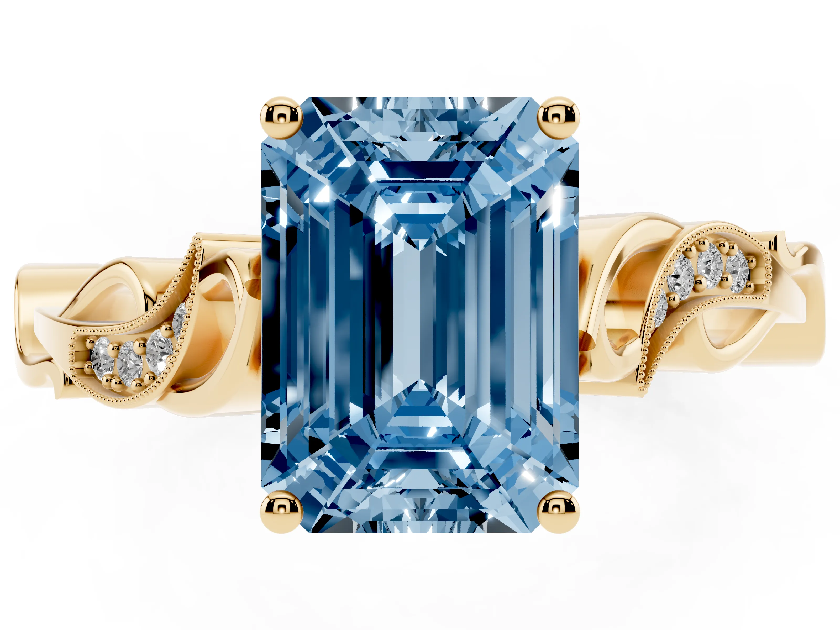 Fancy Blue Emerald Cut Diamond Vine Band Solitaire Ring Set in Yellow gold with Milgrain Prong Setting