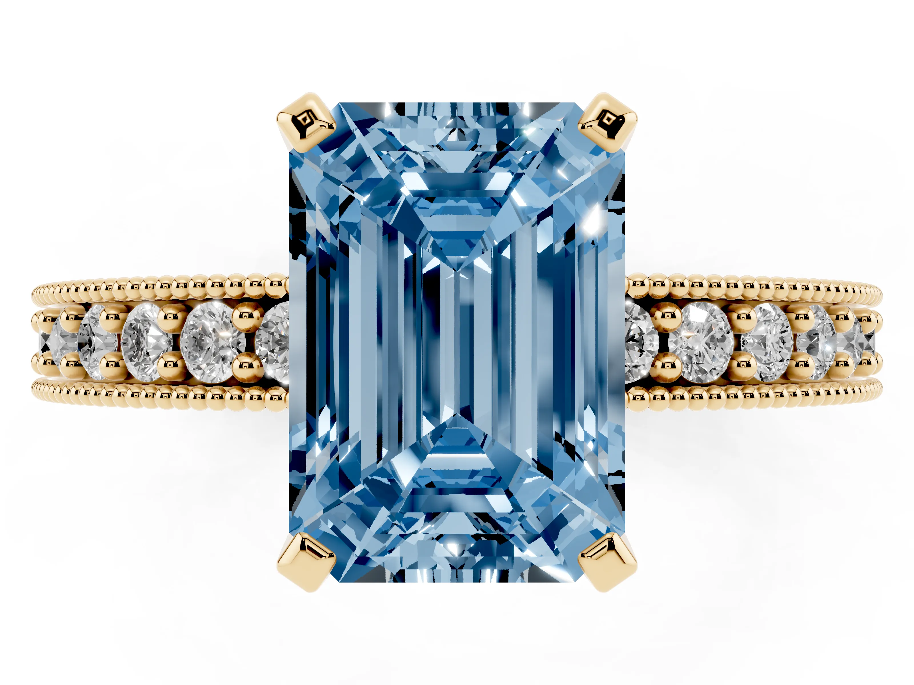 Fancy Blue Emerald Cut Diamond Milgrain Pavé Engagement Ring Set in Yellow gold with Prong Setting