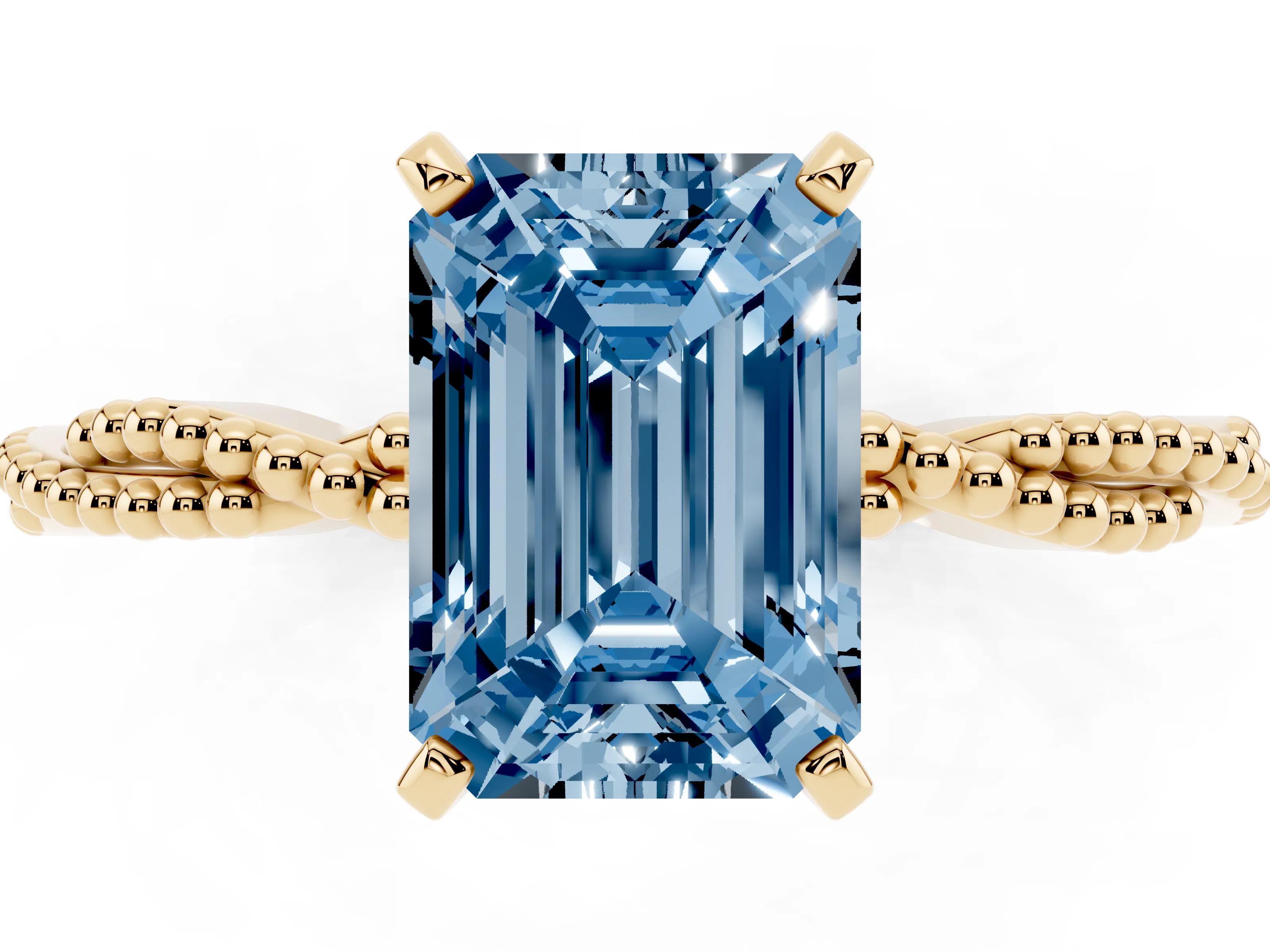 Fancy Blue Emerald Cut Diamond Solitaire Ring Set in Yellow gold with Twisted Band and Bead Prong Setting