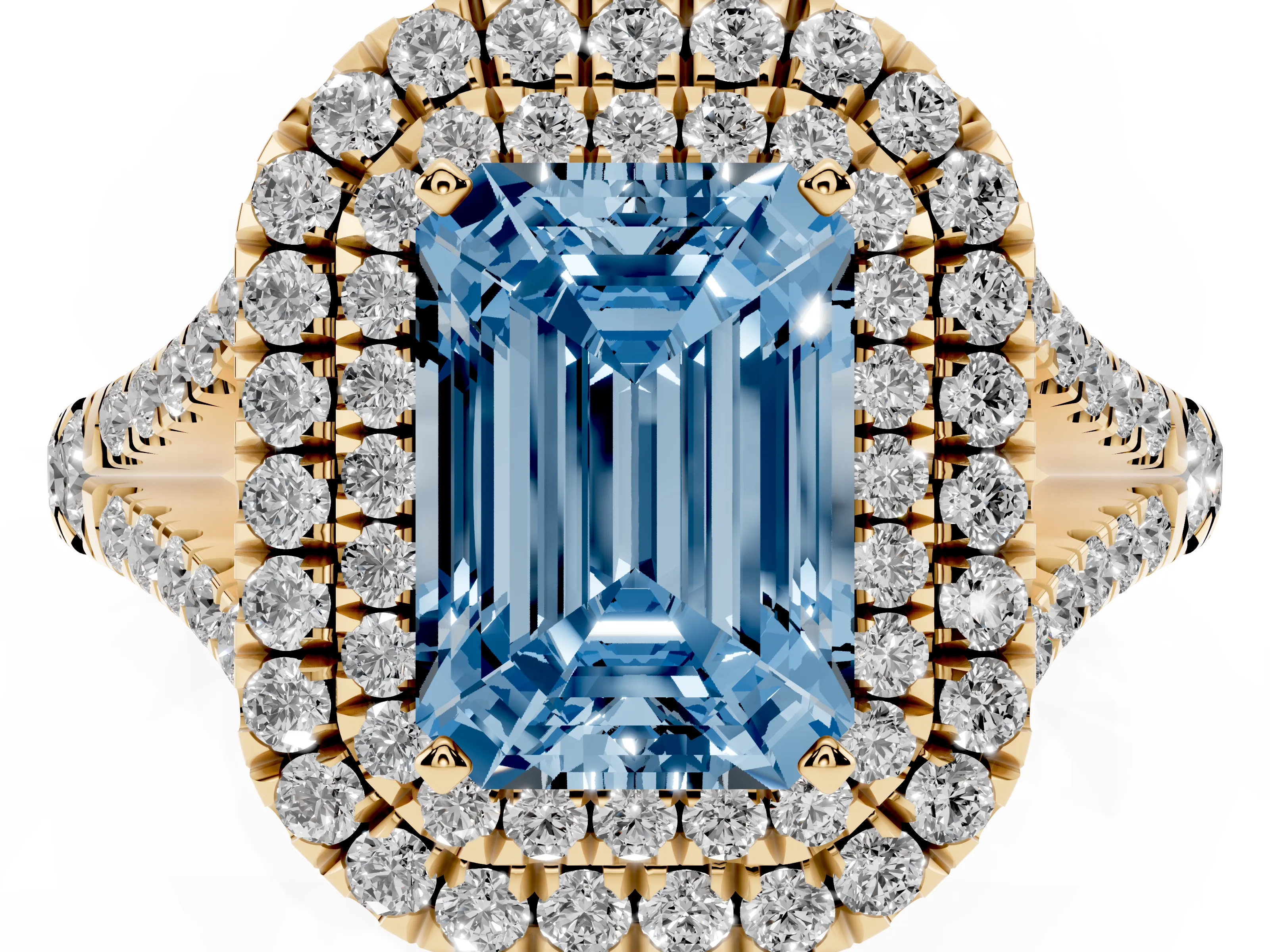 Fancy Blue Emerald Cut Diamond Pavé Split Shank Double Halo Engagement Ring Set in Yellow gold