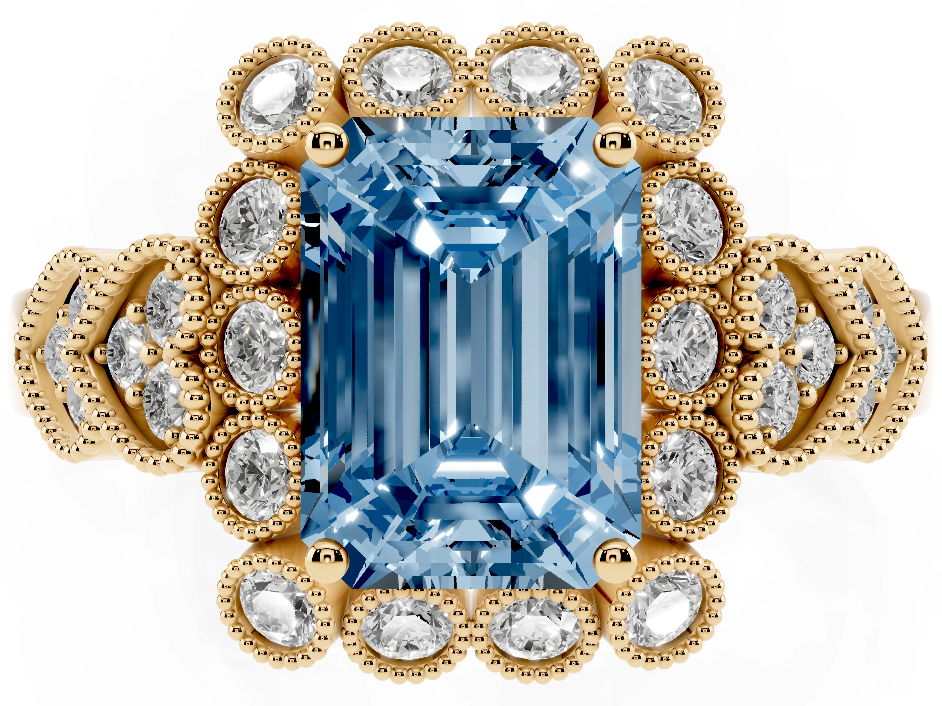 Fancy Blue Emerald Cut Diamond Solitaire Ring Set in Yellow gold with Milgrain Pavé Heart Band