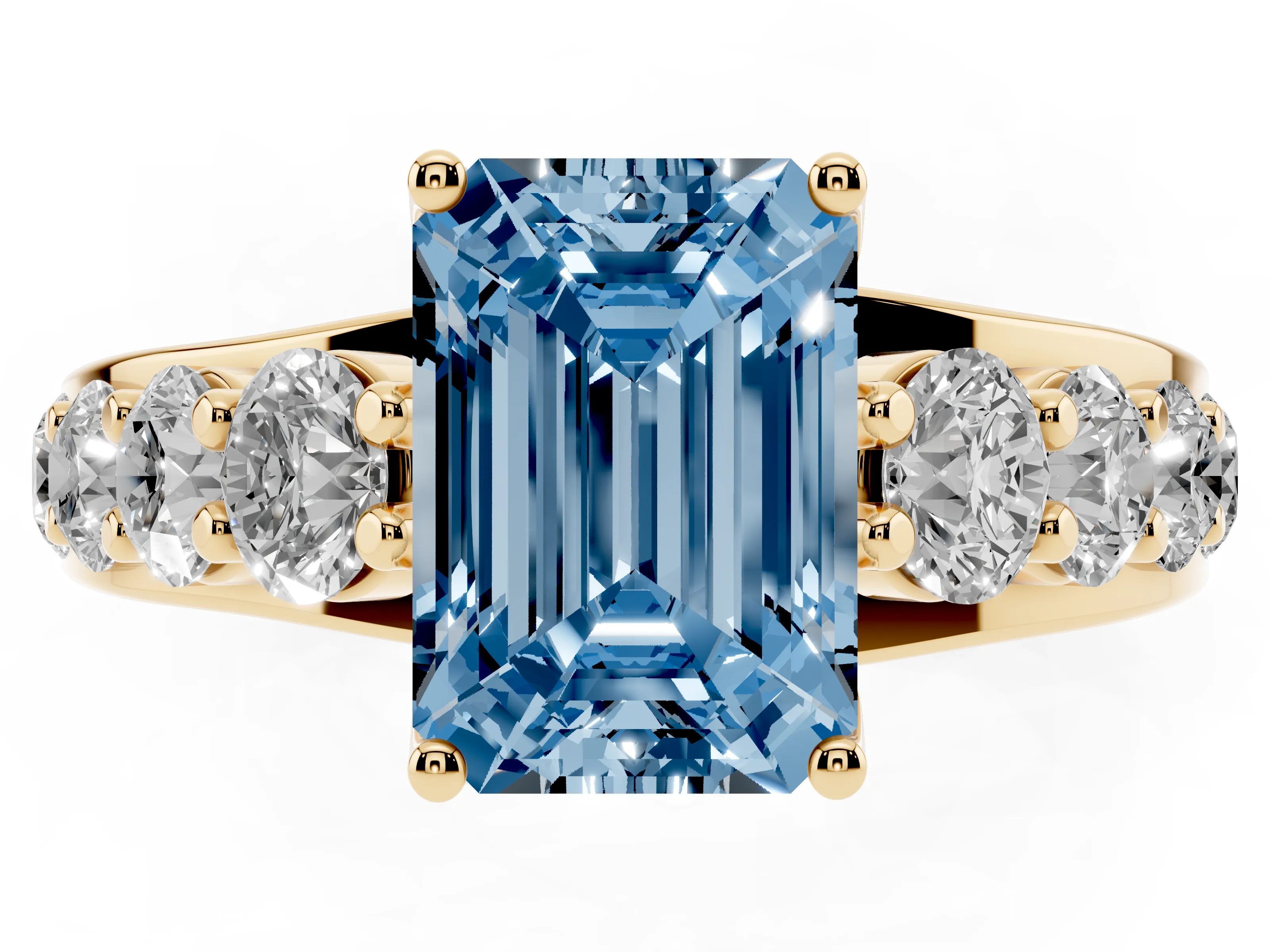 Fancy Blue Emerald Cut Diamond Pavé Engagement Ring Set in Yellow gold with Prong Setting