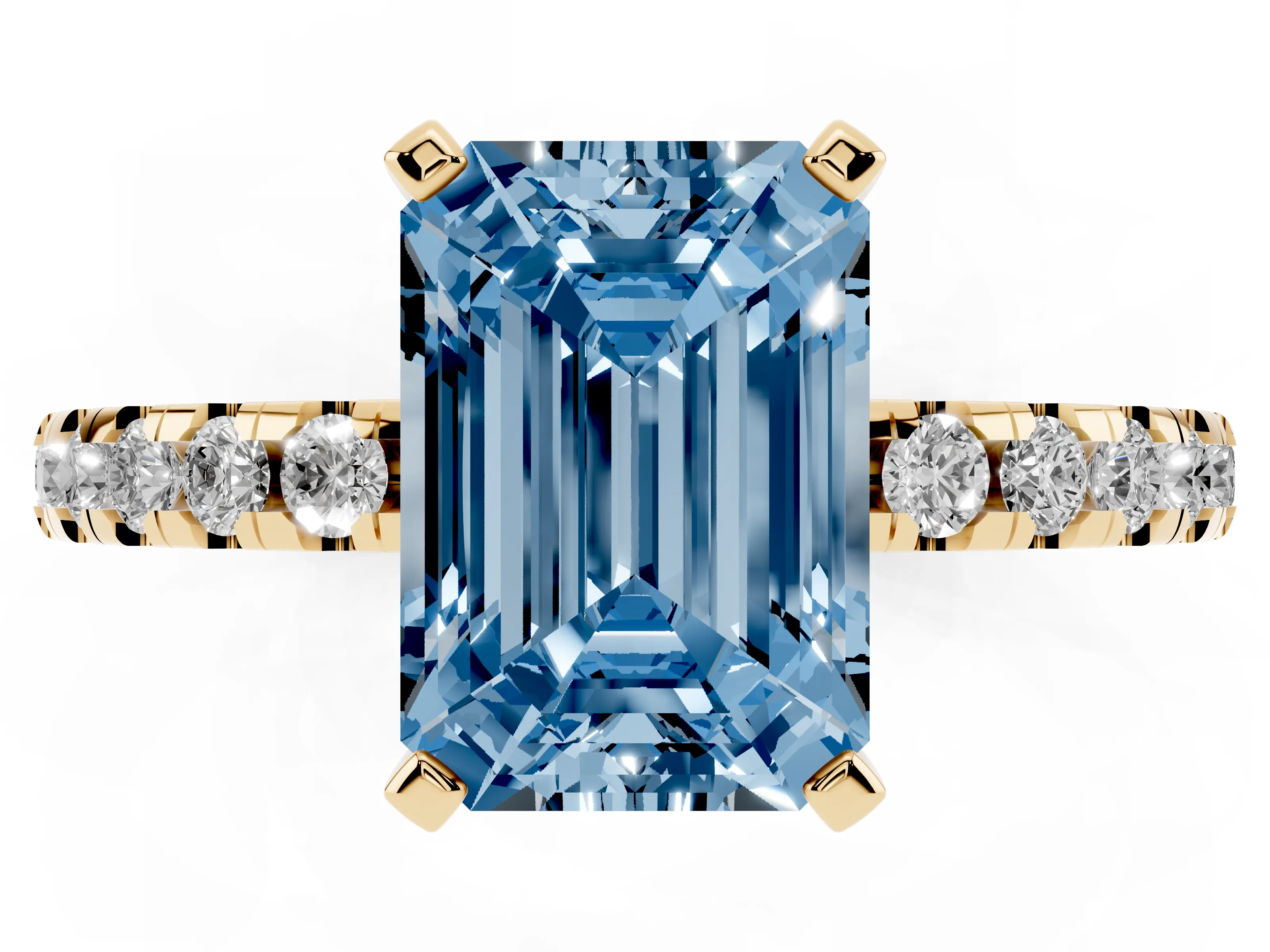Fancy Blue Emerald Cut Diamond Pavé Solitaire Ring Set in Yellow gold with Round Band Accents and Prong Setting