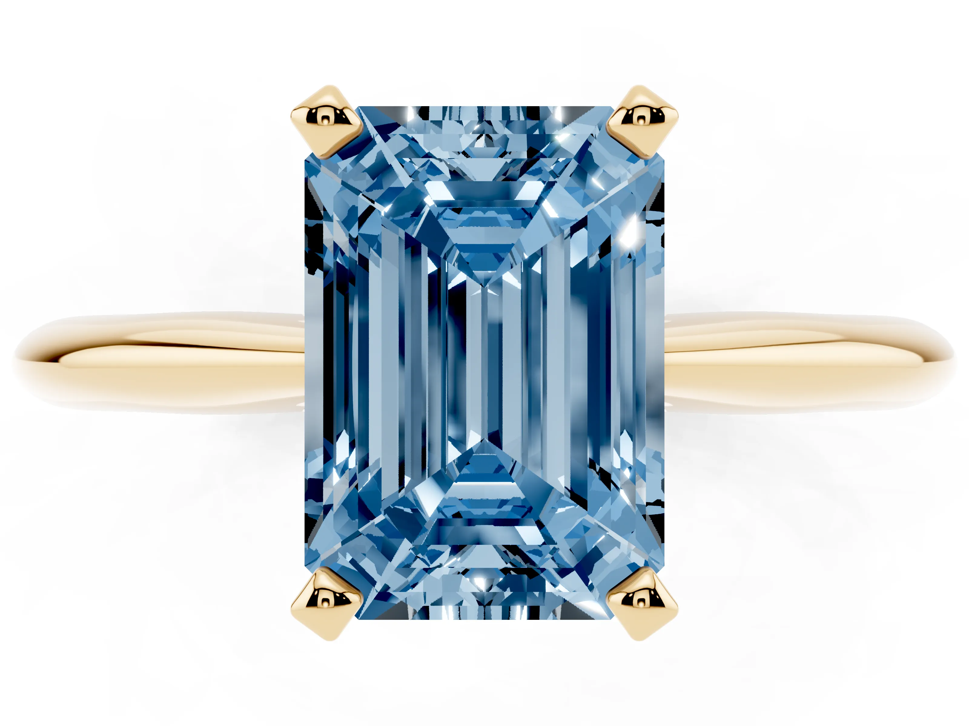 Fancy Blue Emerald Cut Diamond Solitaire Ring Set in Yellow gold with Prong Setting on a Plain Round Band