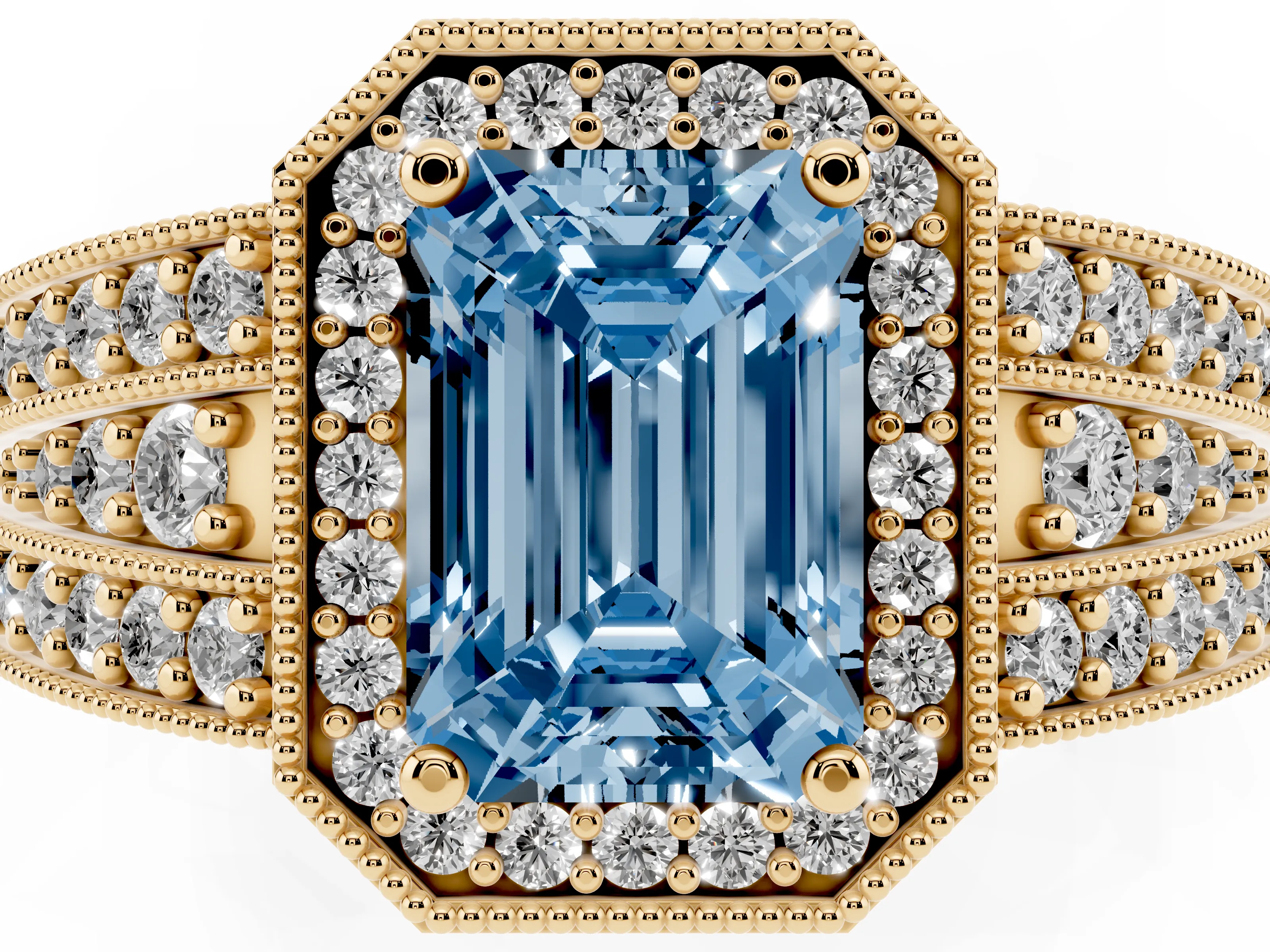 Fancy Blue Emerald Cut Diamond Halo Ring Set in Yellow gold with Accent Split Shank and Prong Setting